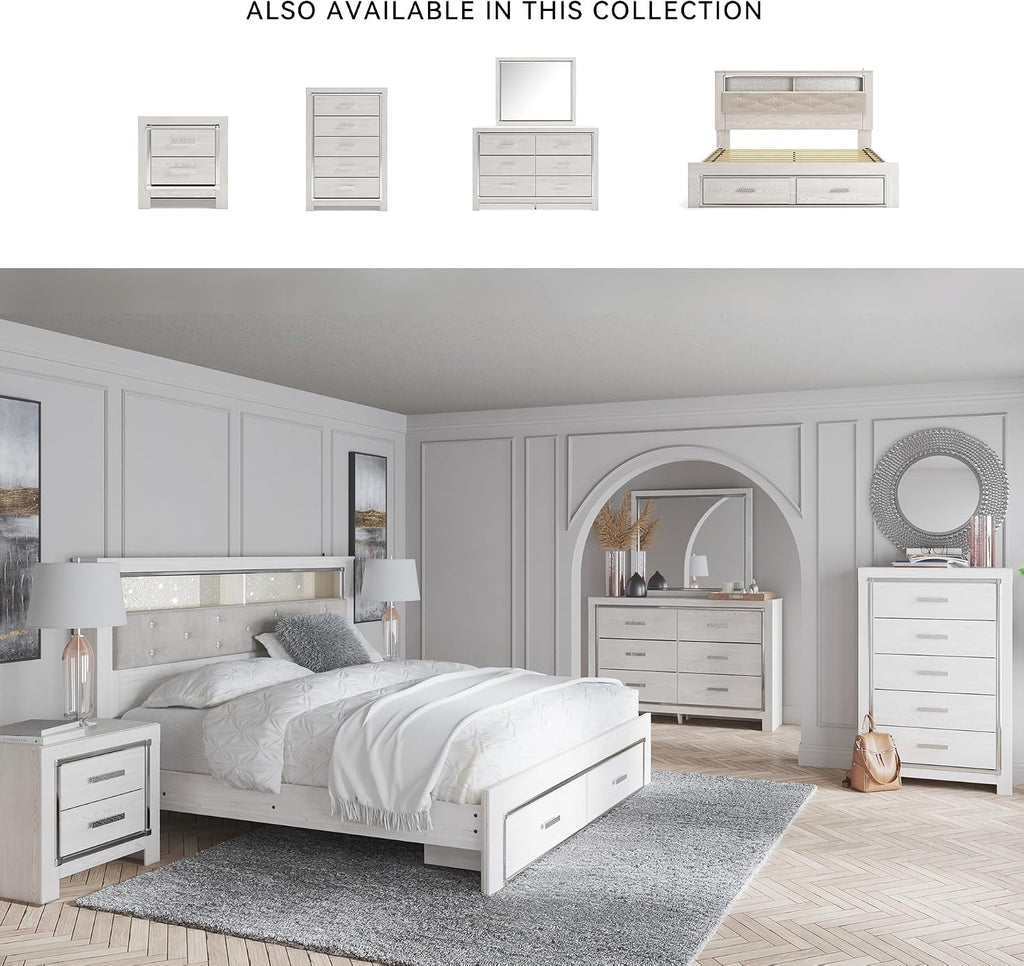 Signature Design by Ashley Altyra Contemporary Tufted King Upholstered Bookcase Platform Bed with LED Lights and 2 Drawers, Foundation or Box Spring Not Needed, White & Gray