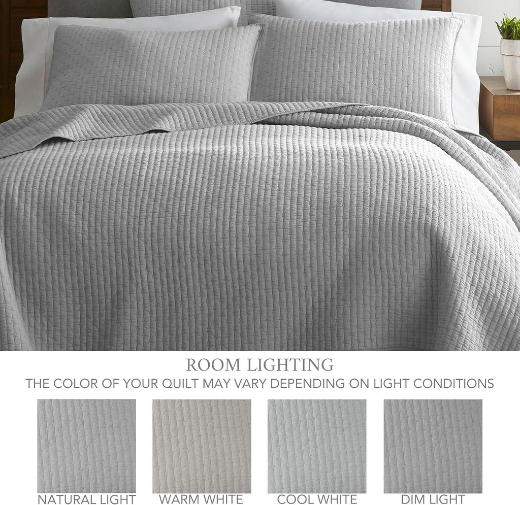 Levtex Home Cross Stitch Reversible King/Cal King Quilt Set (106x92in) and 2 Pillow Shams (36x20in) - Stitch Texture - Light Grey - Cotton King Size Quilt Bedding Set - Lightweight, Soft, Pre-Washed