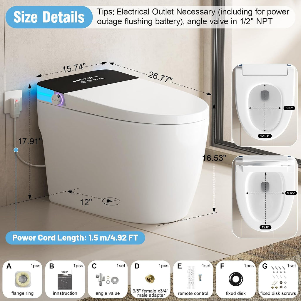 Luxury Smart Toilet, Elongated One Piece Toilet with Heated Seat, Dryer, Auto-Lift Lid, Soft Close, Electric Tankless Bidet Toilets for Bathroom with Siphon Dual Flush 0.8/1.2 GPF, MAP 1000g