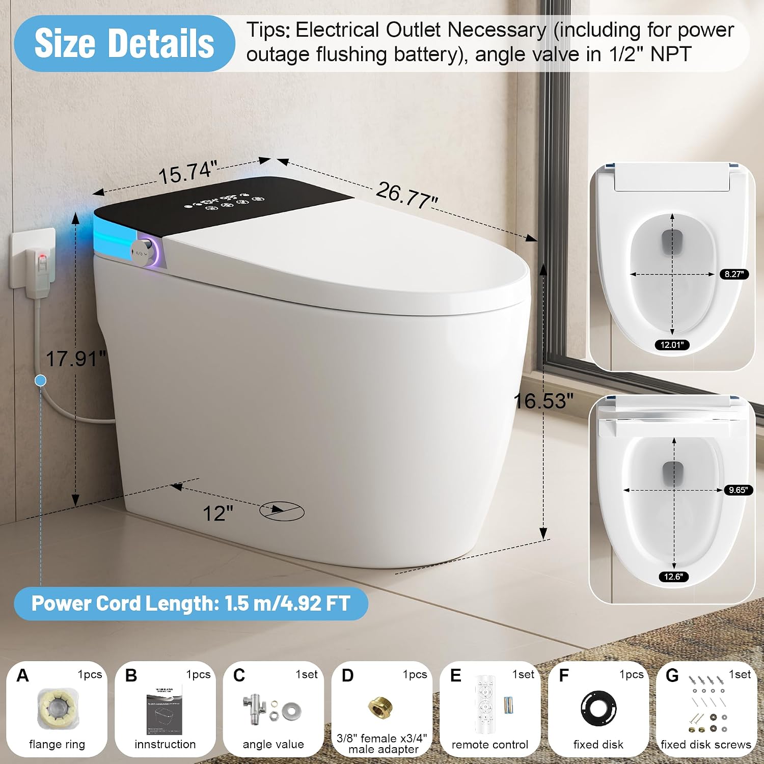 Luxury Smart Toilet, Elongated One Piece Toilet with Heated Seat, Dryer, Auto-Lift Lid, Soft Close, Electric Tankless Bidet Toilets for Bathroom with Siphon Dual Flush 0.8/1.2 GPF, MAP 1000g