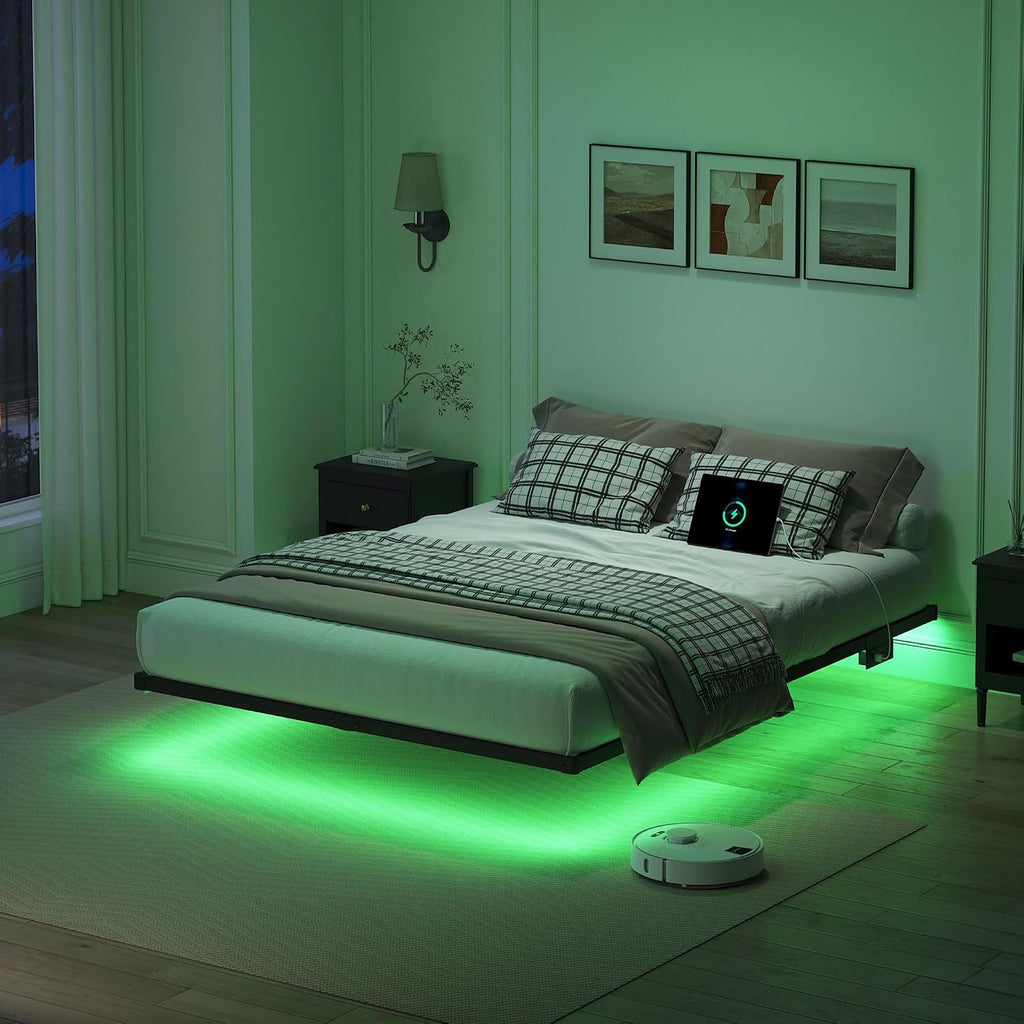 YORMDMO Floating Bed Frame Queen Size, Heavy Duty Bedframe with Smart LED Lights & Charging Station, Modern Metal Platform Bed, Easy Assembly No Box Spring Needed, 10 Inch