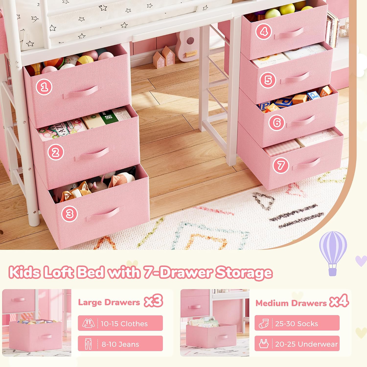 Low Loft Bed Twin Size with 7 Storage Drawers, Desk and LED Lights, Heavy Duty Metal Kids Loft Bed with 12' H Safety Guardrail, Anti-Collision Pad, Private Play Curtain, Under-Bed Play Space - Pink