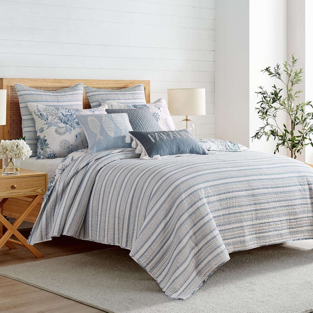Levtex Home - Coral Landing Quilt Set - King Quilt and Two King Shams - Coastal - Navy Blue Grey White - Quilt (106x92in.) and Shams (20x36in.) - Reversible - Cotton