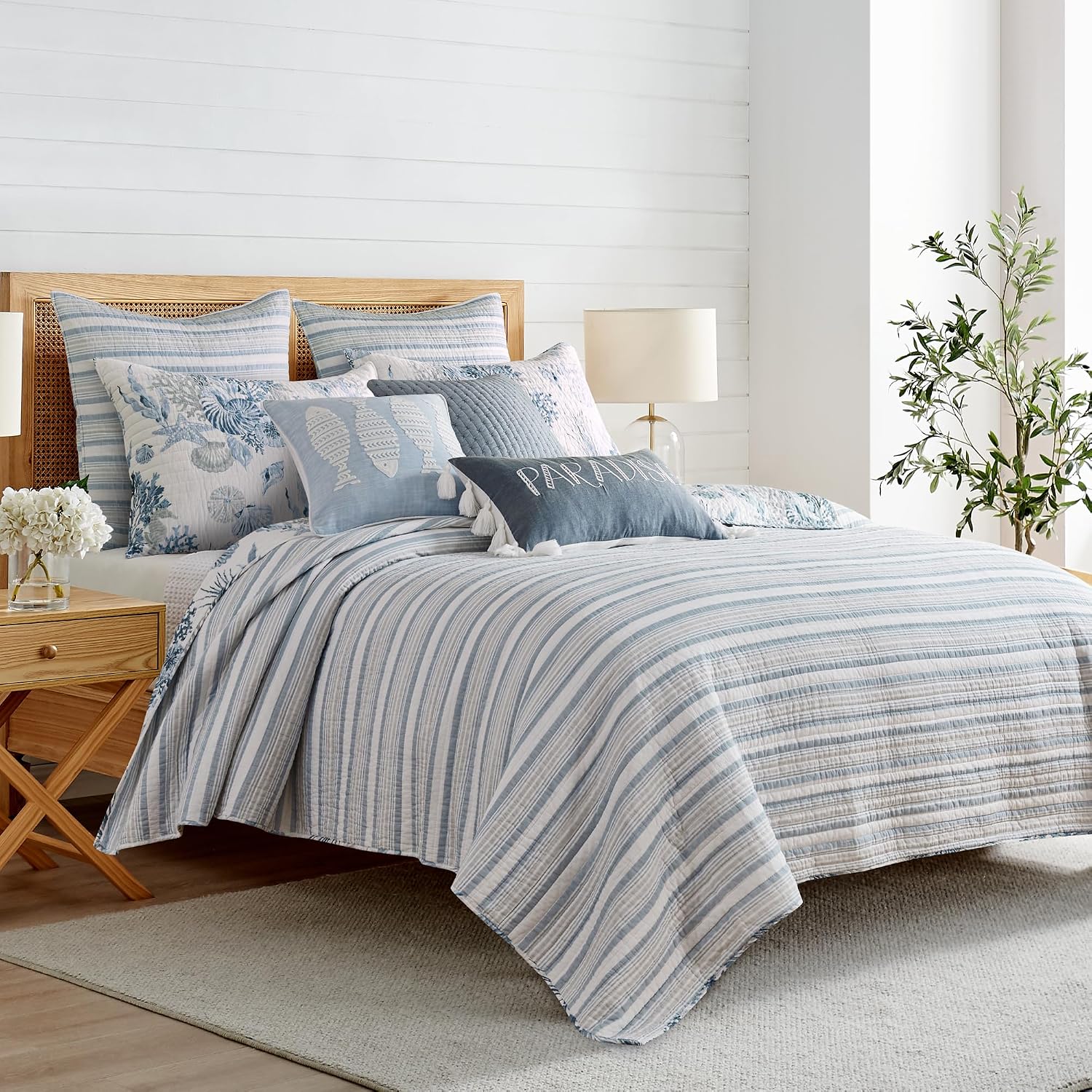 Levtex Home - Coral Landing Quilt Set - King Quilt and Two King Shams - Coastal - Navy Blue Grey White - Quilt (106x92in.) and Shams (20x36in.) - Reversible - Cotton