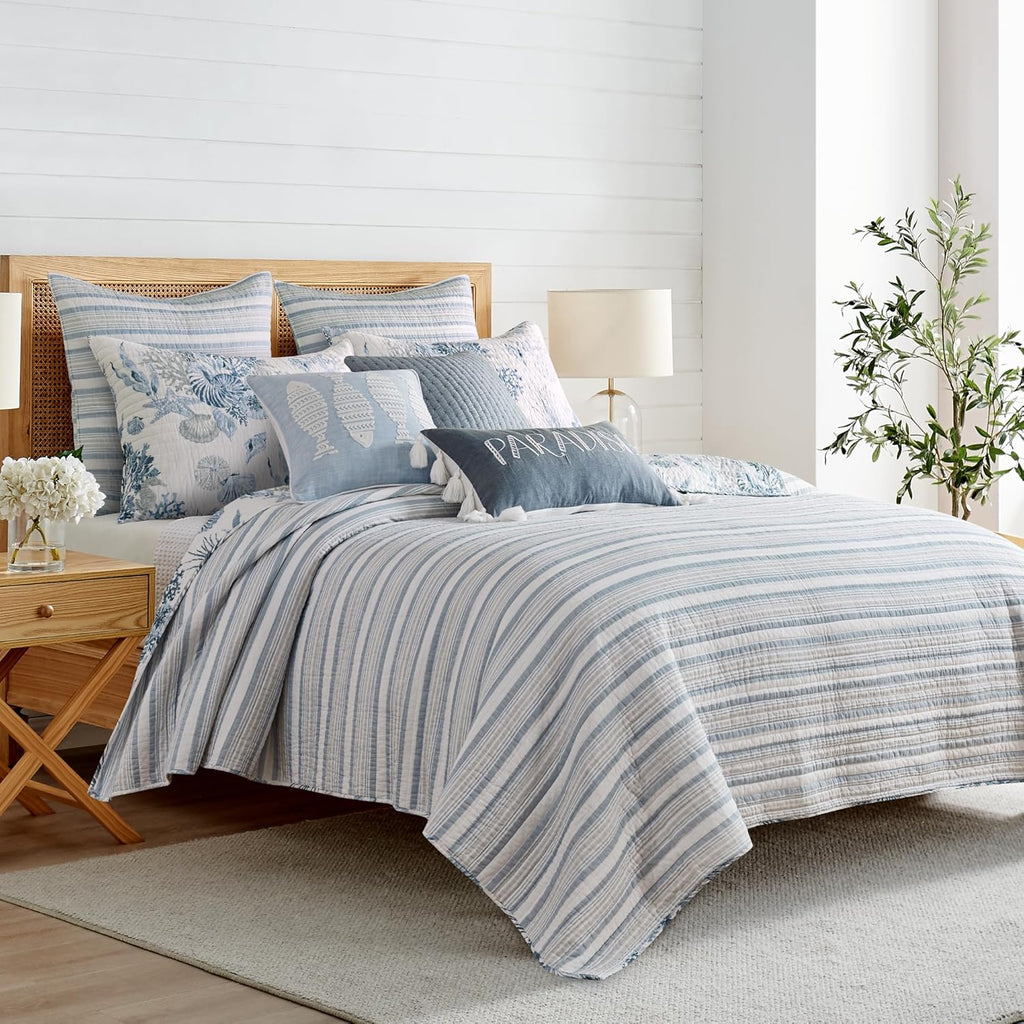 Levtex Home - Coral Landing Quilt Set - Twin Quilt and One Standard Sham - Coastal - Navy Blue Grey White - Quilt (68x86in.) and Sham (20x26in.) - Reversible - Cotton