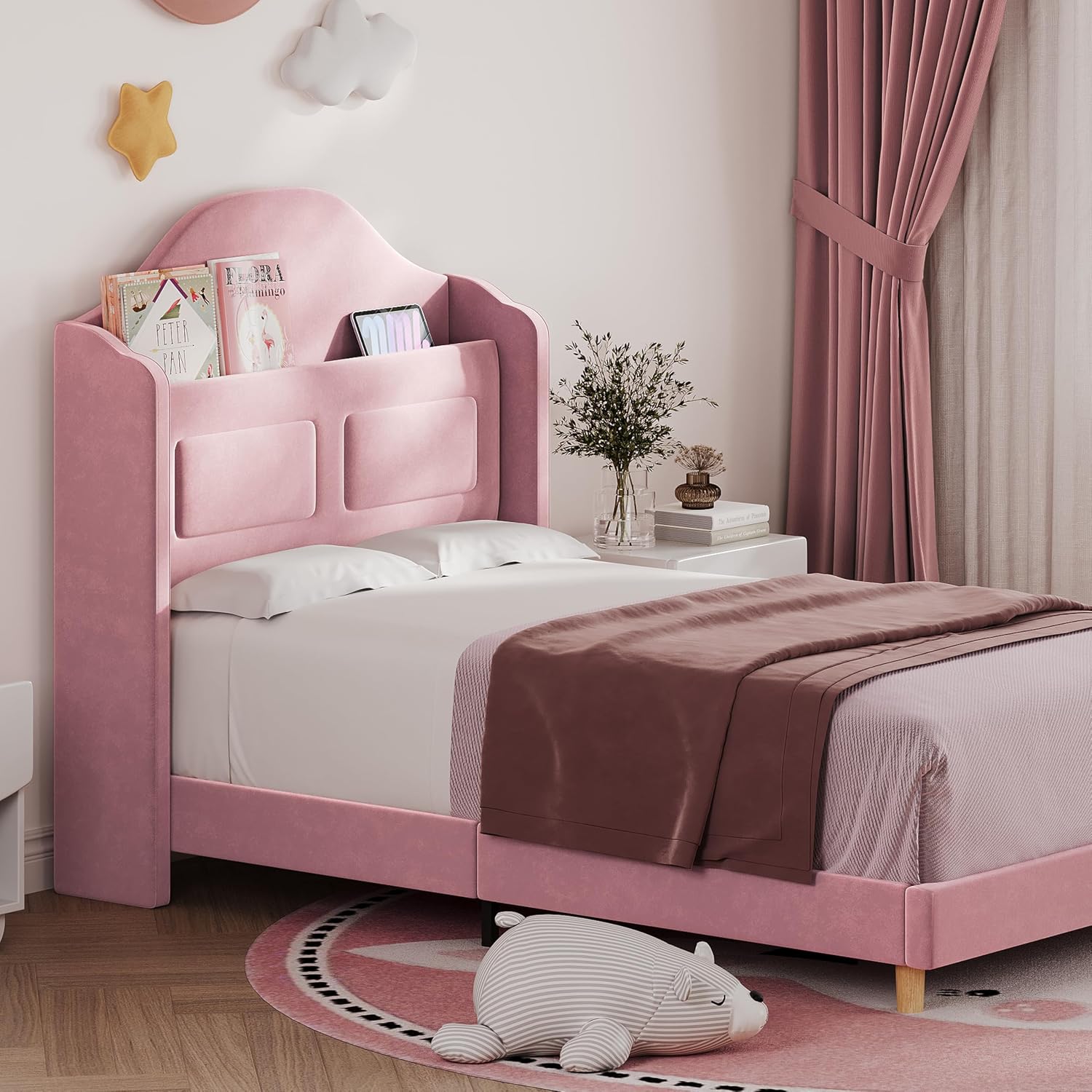 Garveehome Twin Bed Frame for Kids, Upholstered Velvet Princess Platform Bed for Boys/Girls with Wingback, Storage Bookcase Headboard & LED Light, No Box Spring Needed, Noise-Free, Easy Assembly, Pink