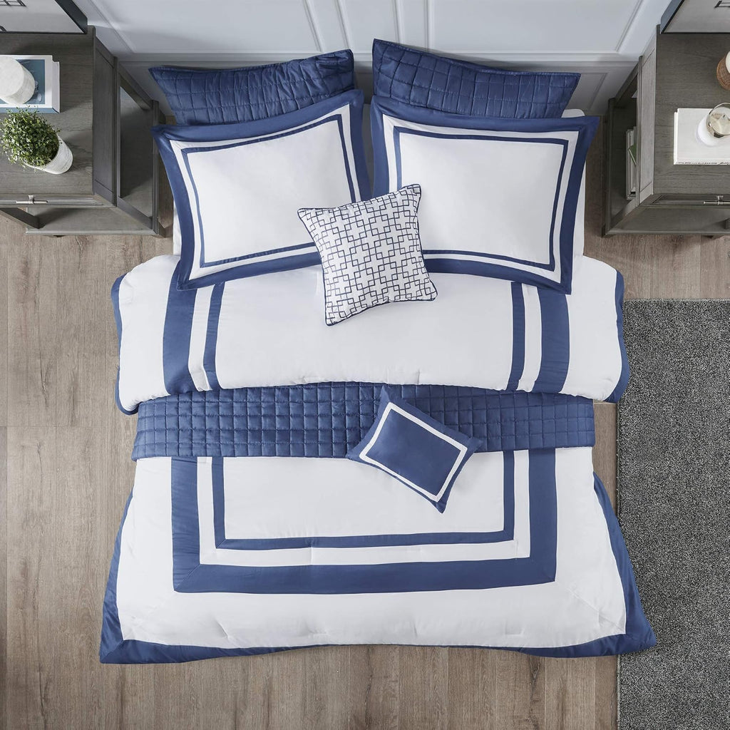 Madison Park Heritage Comforter Quilt Combo Set - Modern Luxury Design, All Season Down Alternative Bedding, Matching Shams, Decorative Pillows, King/Cal King(104'x92'), Color Block Navy 8 Piece