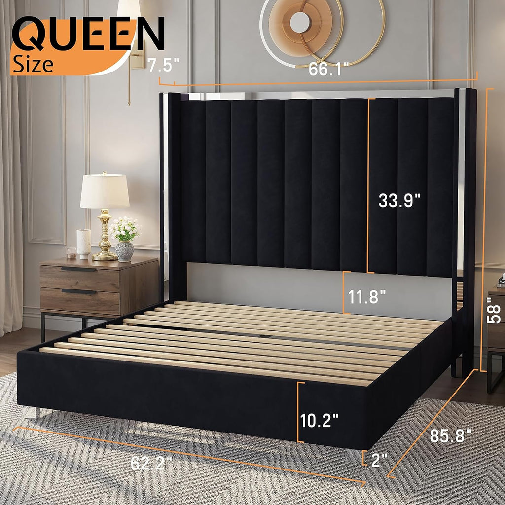 Jocisland Queen Size Bed Frame with 58' Tall Headboard, Velvet Upholstered Platform Bed with Channel Tufted Wingback Headboard and Plating Trim, No Box Spring Needed, Black