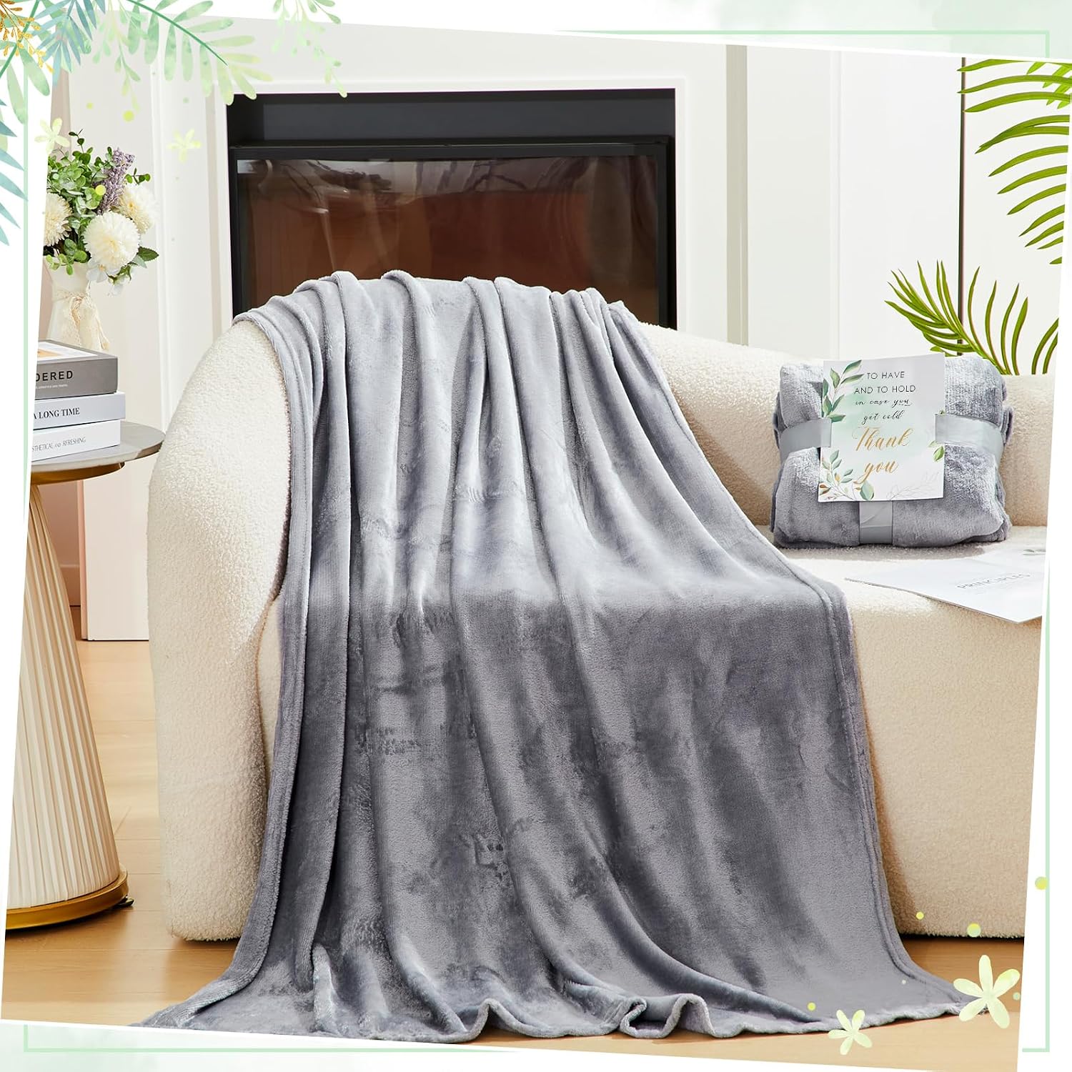 Buryeah 24 Pack French Grey Oeko-Tex Certified Bulk Wedding Blankets for Guests, 50 x 60 Inch Flannel Throw with Thank You Cards & Ribbon, Bulk Wedding Souvenir Gifts, Spa & Sleepover Party Favors