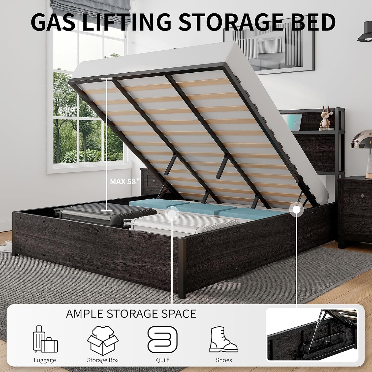 LUXOAK 3 Pieces Bedroom Sets, Includes Full Size Lift Up Storage Bed with Storage Headboard & Charging Station, 2 Drawers Farmhouse Nightstand Set of 2 with Charging Station, Black
