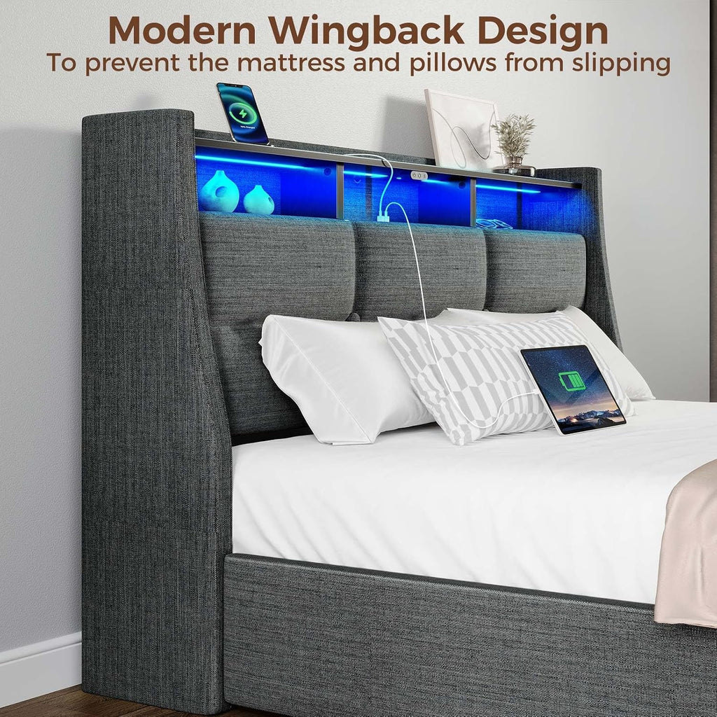 Rolanstar Twin Size Bed Frame with LED Lights and Charging Station, Upholstered Bed Storage Headboard & Drawers, Heavy Duty Wood Slats, Easy Assembly
