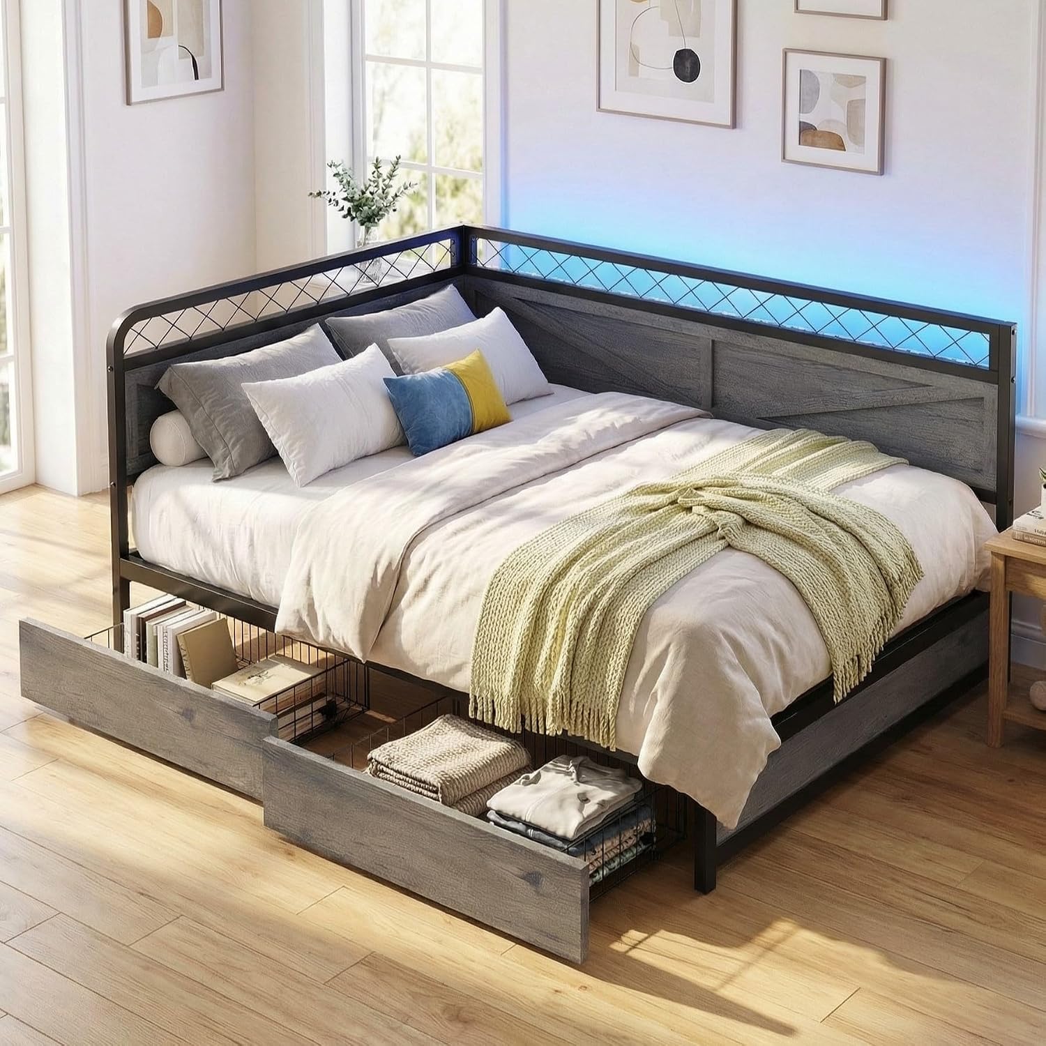 ANCTOR Full Corner Bed Frame with Storage Drawers, Daybed with LED Lights and Charging Station, No Box Spring Needed, Heavy Duty, Easy Assembly for Living Room, Bedroom and Guest Room, Grey | Heavy Duty Bed