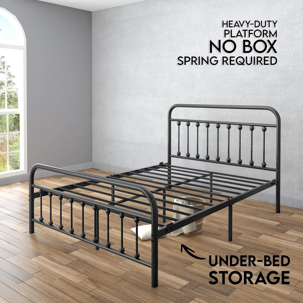 AMBEE21 Golden Gate Beds Vintage Style Metal Bed Frame with Wrought Iron Headboard and Footboard, Classic Platform Bedframe with Storage, No Box Spring Needed, Mattress Foundation, Black, Queen Size