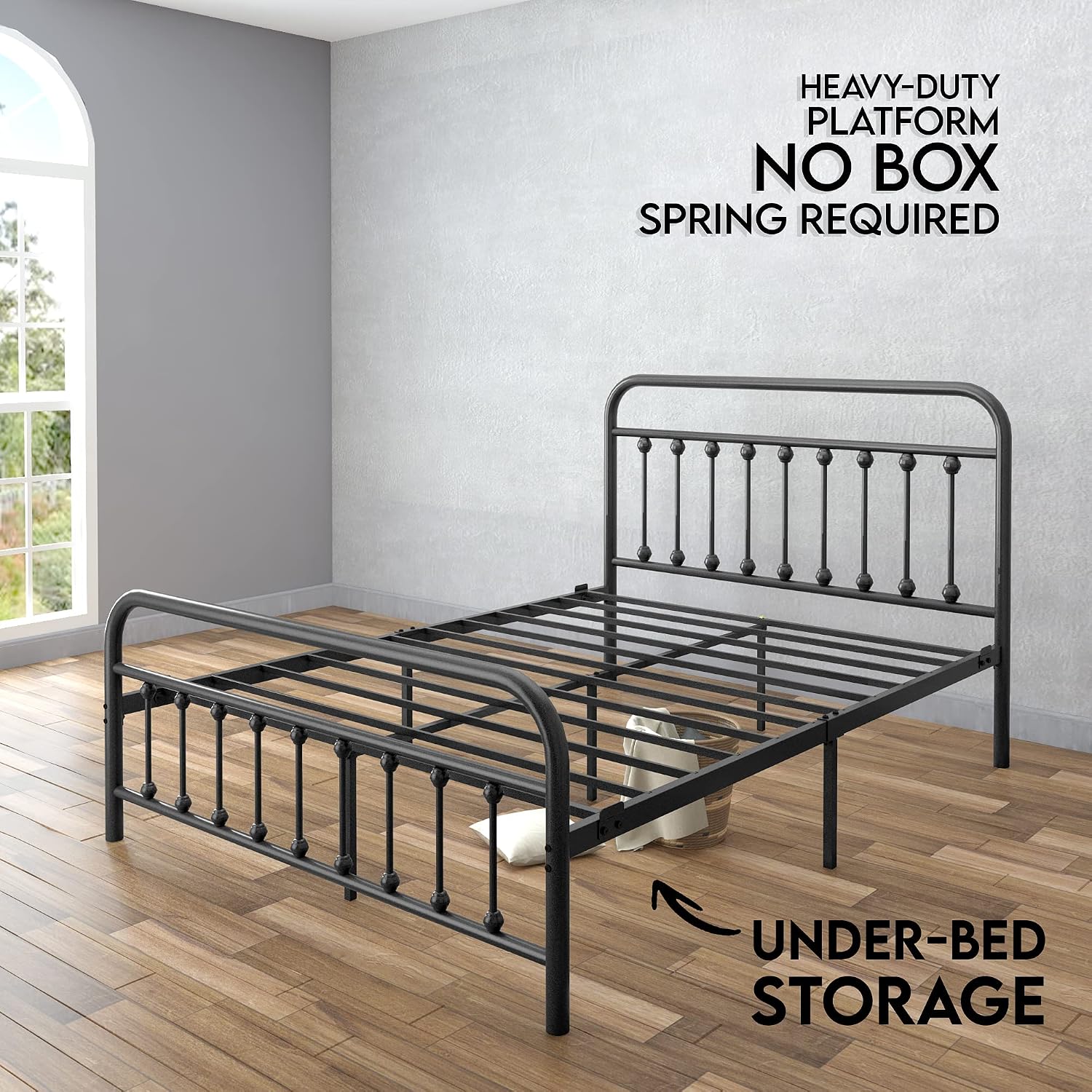 AMBEE21 Golden Gate Beds Vintage Style Metal Bed Frame with Wrought Iron Headboard and Footboard, Classic Platform Bedframe with Storage, No Box Spring Needed, Mattress Foundation, Black, Queen Size