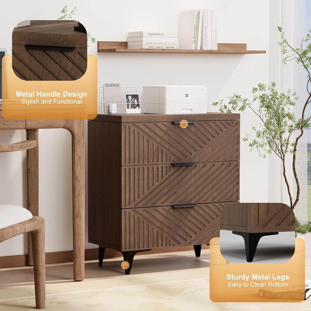 Royal Windsor Large Night Stand Fluted Nightstand with 3 Drawers, Side End Table with Storage, Modern Oversized Nightstands Bedside Table for Bedroom, Brown