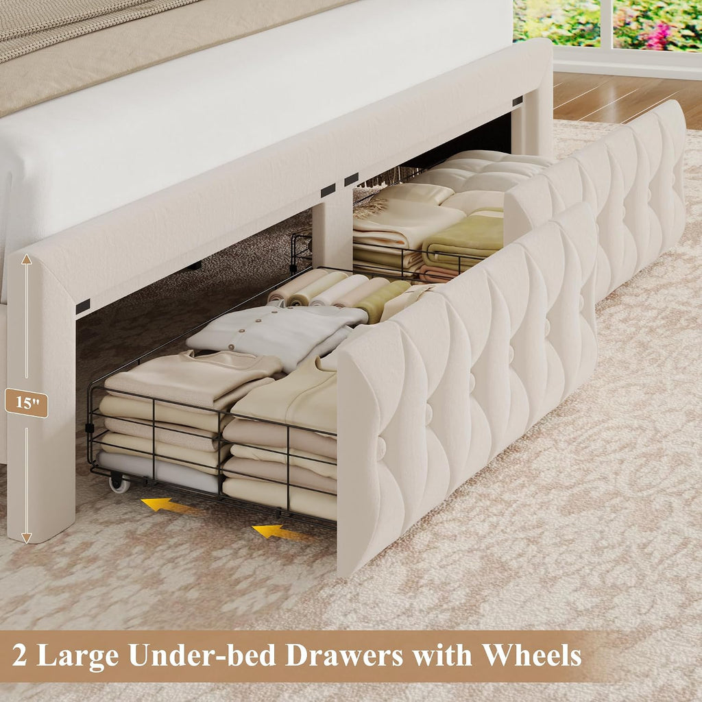 King Bed Frame 55' Tall Headboard with LED Lights, Buttons Tufted Velvet Upholstered Platform Bed Frame with 2 Storage Drawers, Wood Slats Support Mattress Foundation, No Box Spring Needed, Beige