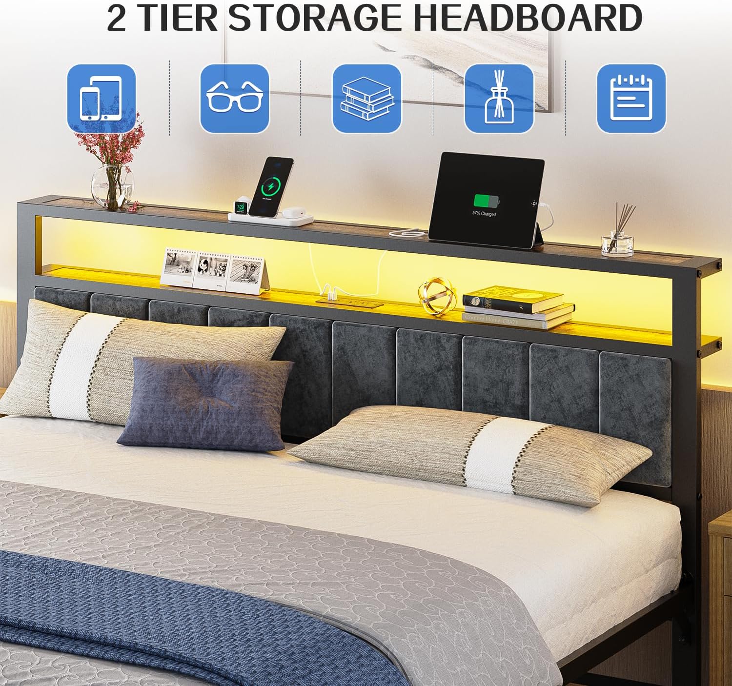 Liians King Size Platform Bed Frame with LED Lights, Grey Upholstered Headboard with 2-Tier Storage Shelves, Charging Station, Noise Free, No Box Spring Needed, Easy Assemably
