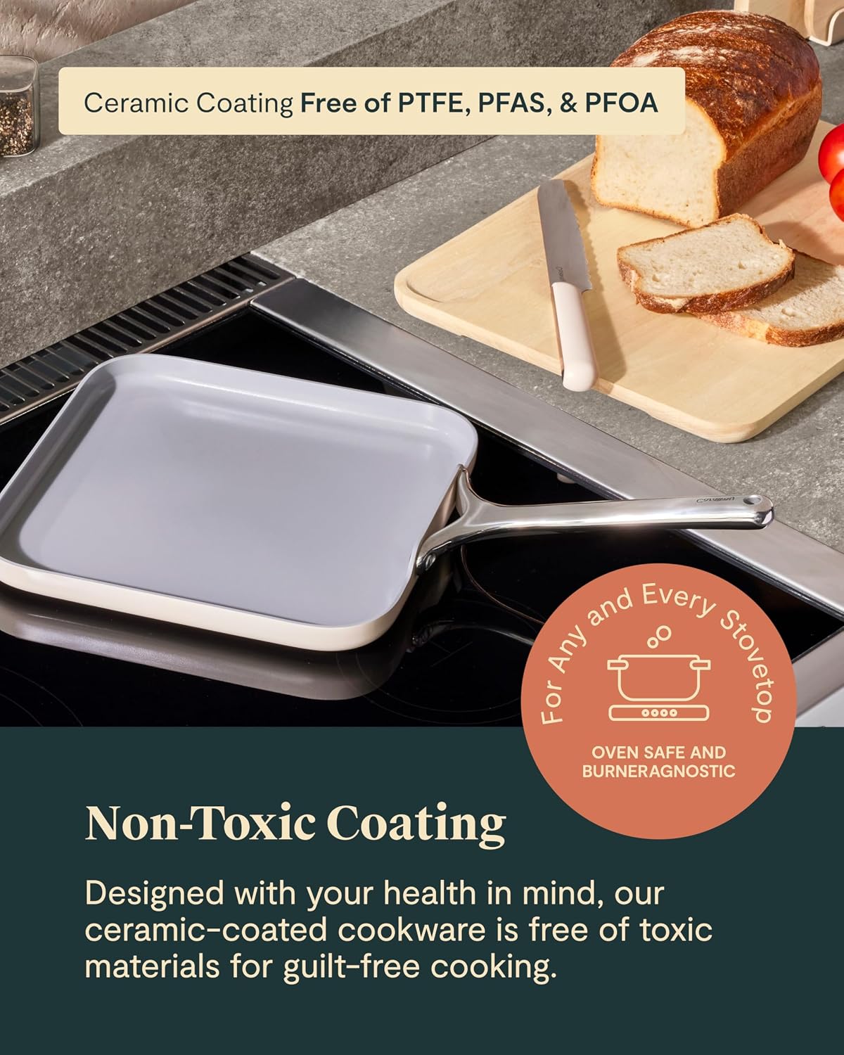 Caraway Square Griddle Pan - 11' Square Pan - Non-Stick Ceramic Coated - Non Toxic, PTFE & PFOA Free - Oven Safe & Compatible with All Stovetops - Cream