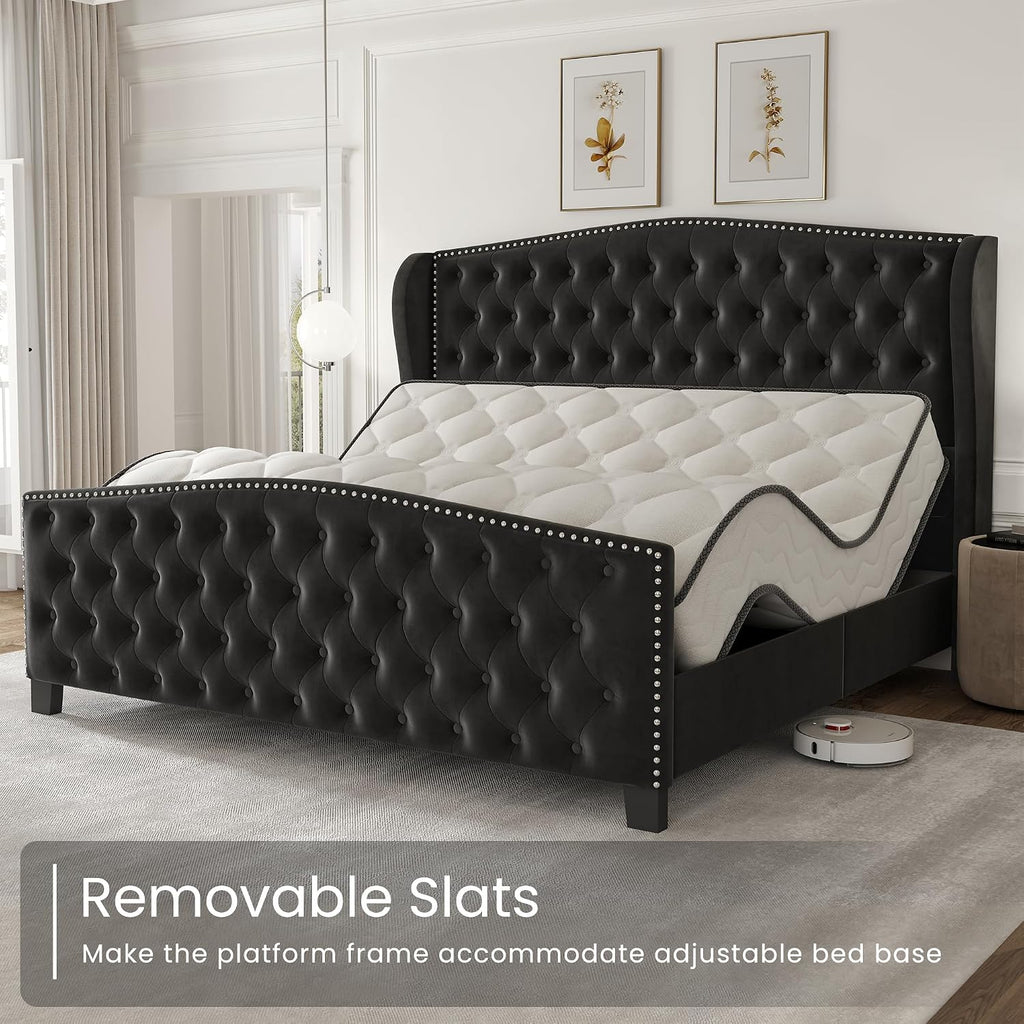 LARMACE King Size Bed Frame Velvet Upholstered Platform Bed with Wingback Headboard & Footbaord, Deep Button Tufted Bed Frame with Wood Slats Support, No Box Spring Needed, Black