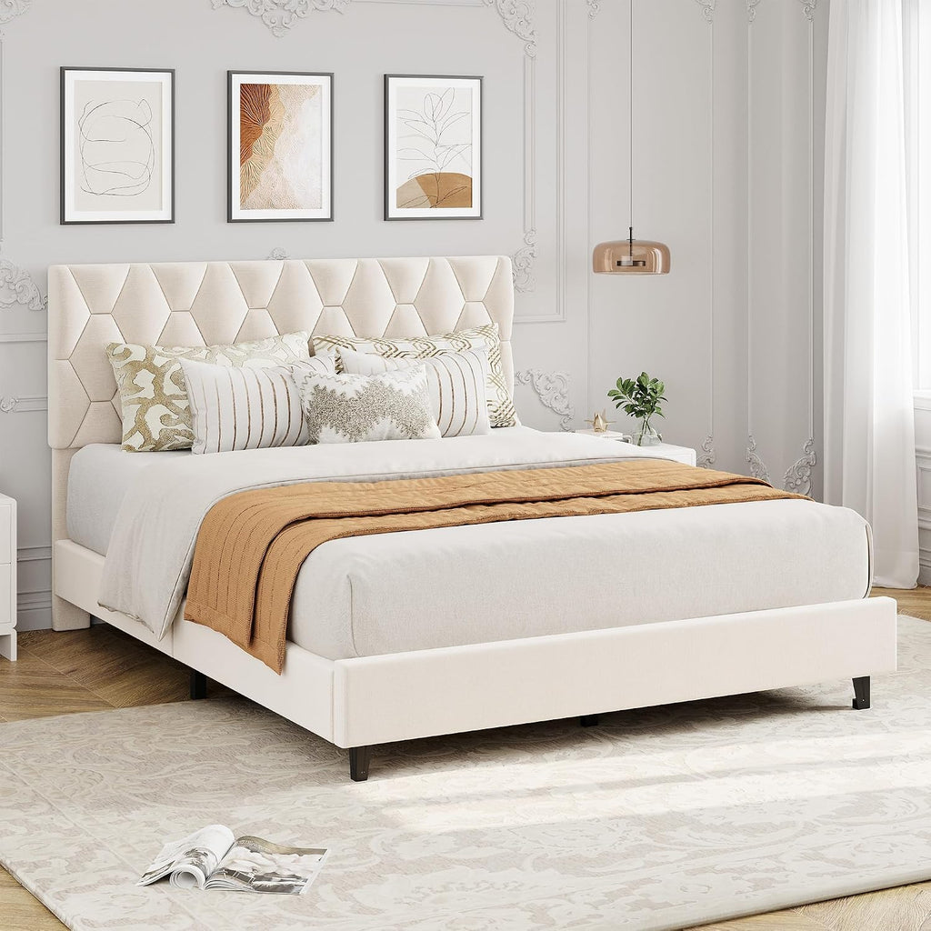 GarveeHome Queen Size Platform Bed Frame with Upholstered Headboard and Wooden Slats Support, Upholstered Mattress Foundation/No Box Spring Needed/Easy Assembly, Beige
