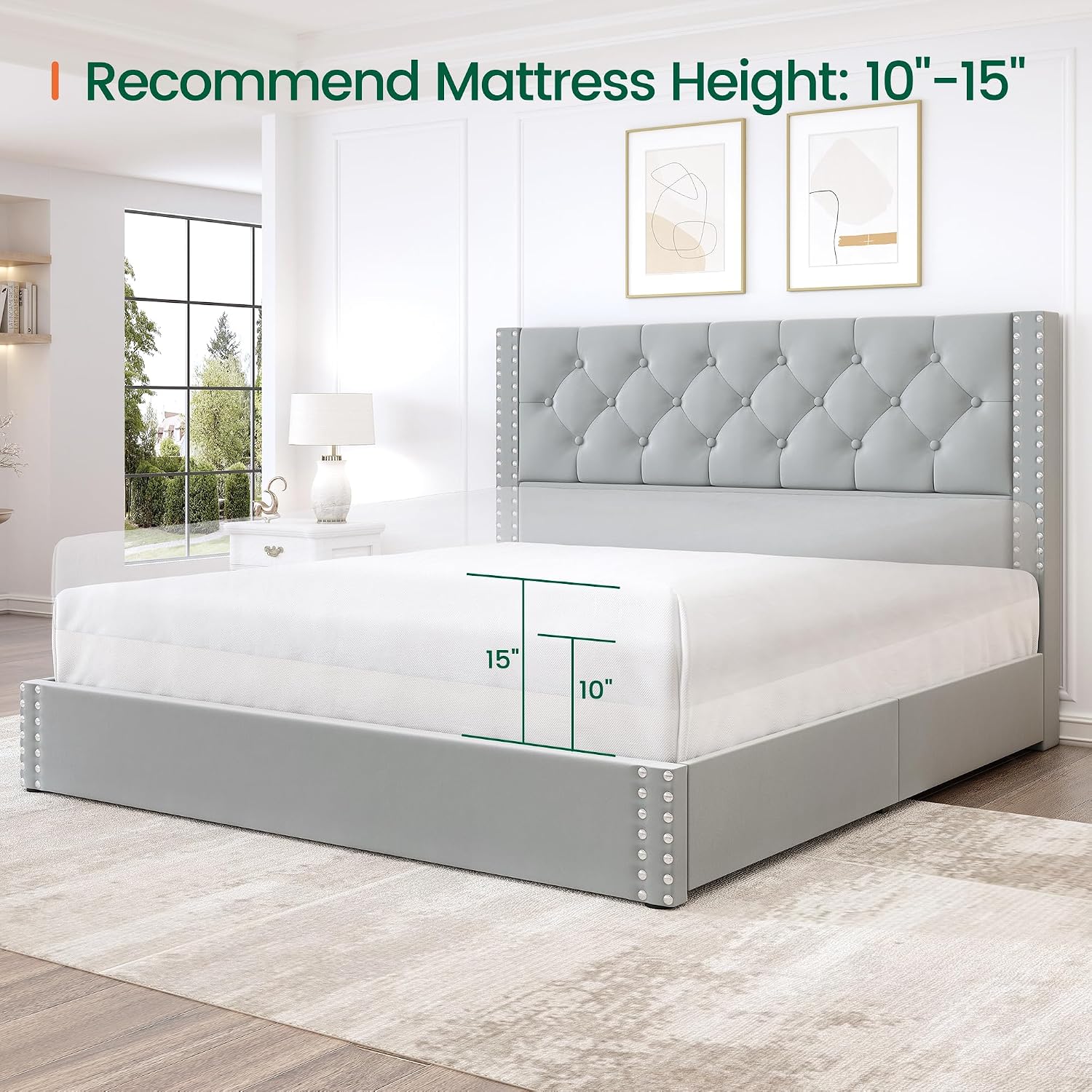 LARMACE Full Size Bed Frame Upholstered Platform Bed with 4 Storage Drawers and Tufted Headboard Bed Frame with Heavy Duty Wood Slats, No Box Spring Needed, Easy Assembly, Bluish Grey
