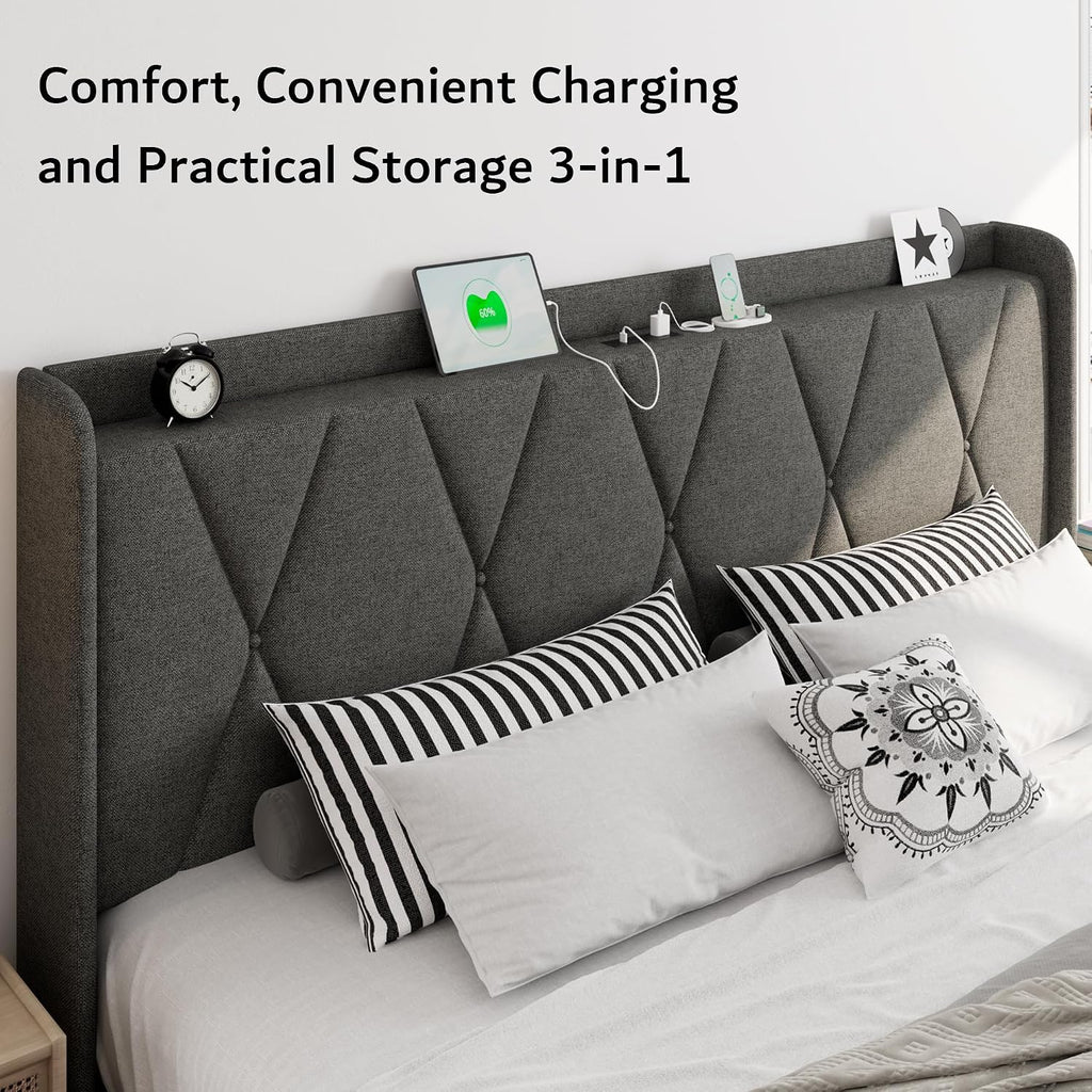 iPormis King Size Bed Frame with 4 Storage Drawers, Upholstered Platform Bed Frame with Charging Station, Modern Wingback Storage Headboard, Easy Assembly, Dark Grey