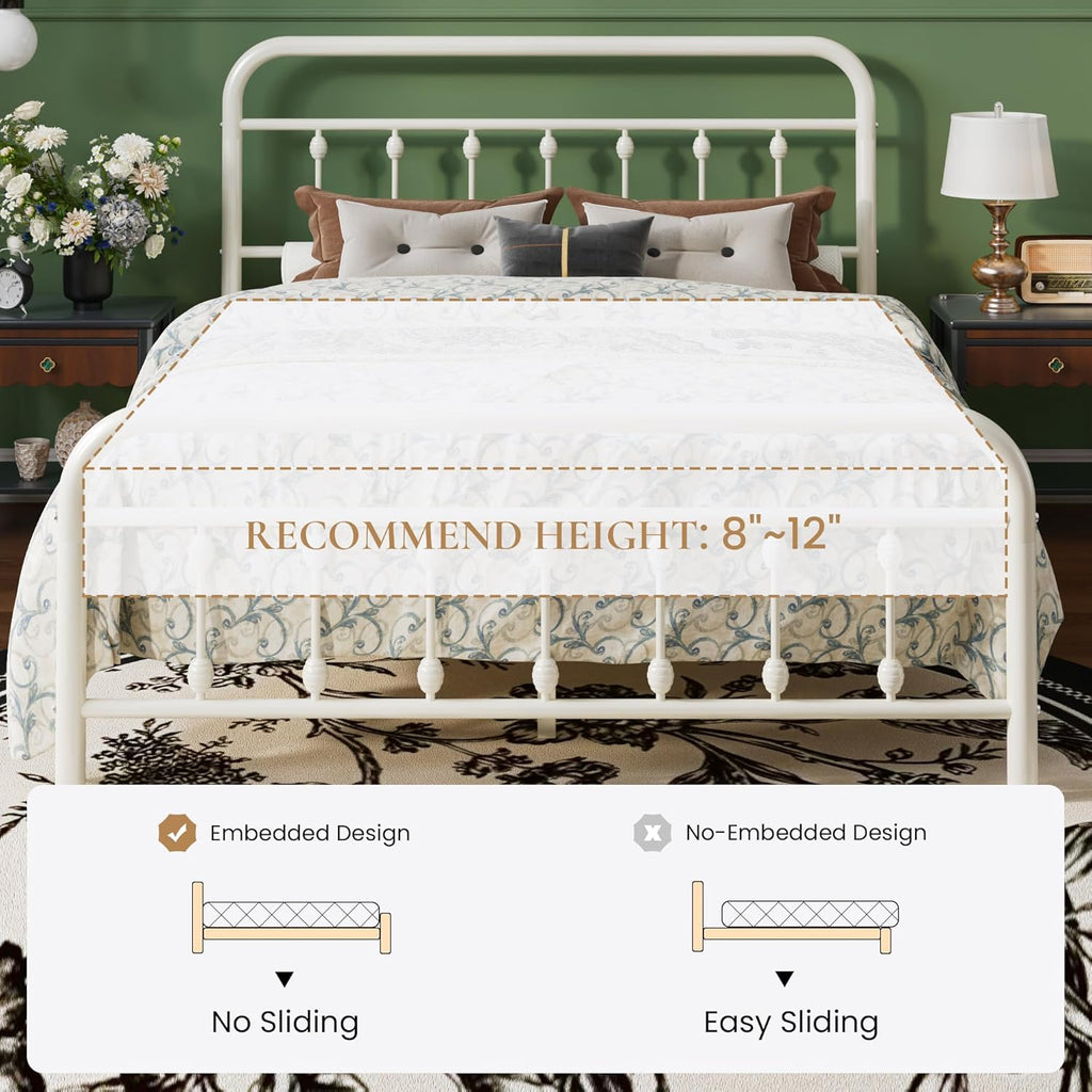 SHA CERLIN Full Size Metal Platform Bed Frame with Victorian Style Iron-Art Headboard and Footboard, Easy Assembly, Under Bed Storage, No Box Spring Required, Off White