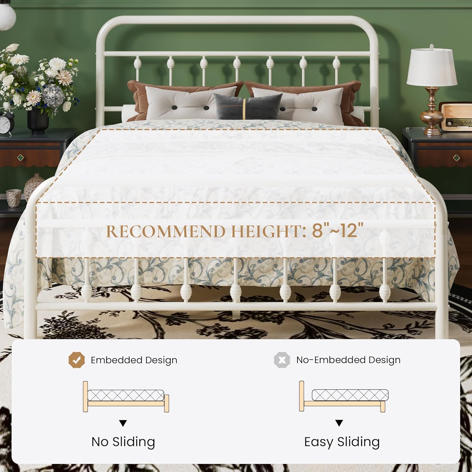 SHA CERLIN Full Size Metal Platform Bed Frame with Victorian Style Iron-Art Headboard and Footboard, Easy Assembly, Under Bed Storage, No Box Spring Required, Off White