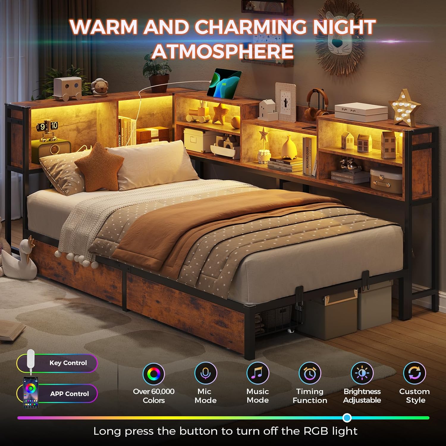 DICTAC Twin Corner Bed Frame with Bookcase Storage Headboard and Led Lights Twin Size Metal Platform Bed Frames with 2 Drawers and Charging Station,Twin Size Daybed with Storage for Kids Teen,Rustic
