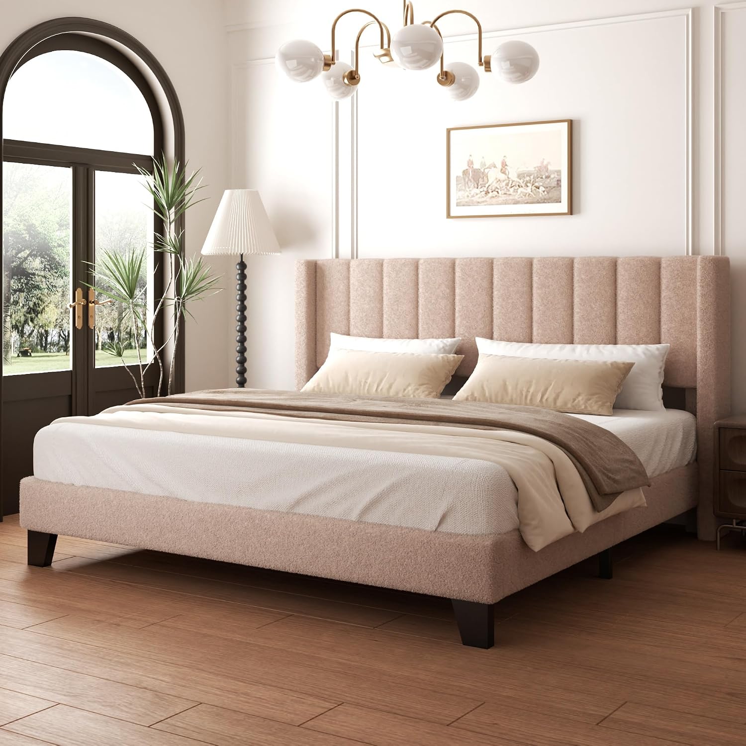 King Bed Frame with Headboard Upholstered Platform Bed Frame with Teddy Velvet Headboard, Wooden Slats Support/Wing Edge Design/No Box Spring Needed/Easy Assembly, Camle