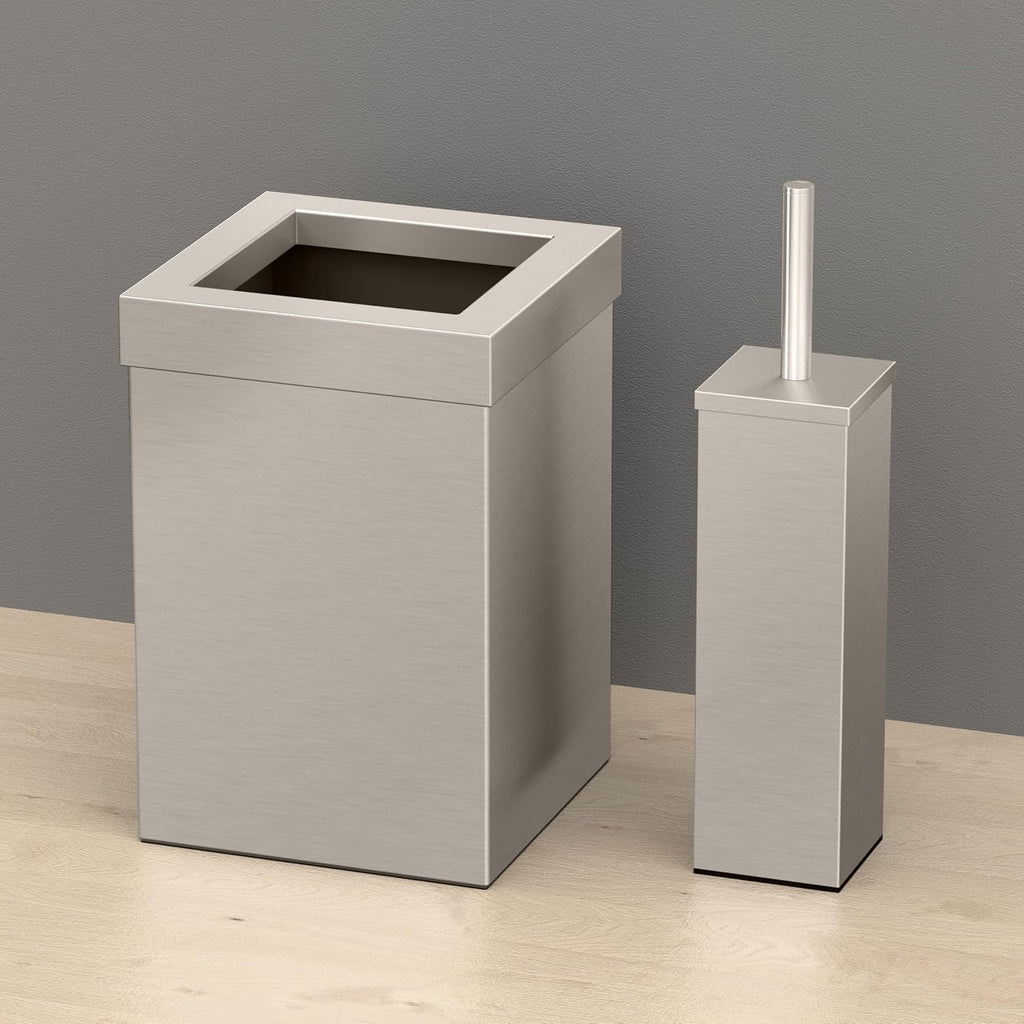 Gatco Small Bathroom Trash Can with Lid and Toilet Brush Set, Square 3 Gallon Stainless Steel Wastebasket, Under Sink, Satin Nickel, for Bathroom, Bedroom, Office (2971)