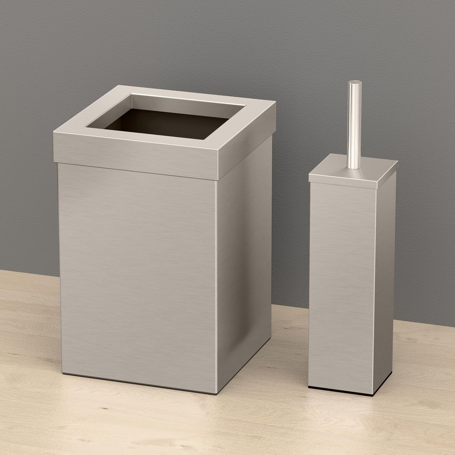 Gatco Small Bathroom Trash Can with Lid and Toilet Brush Set, Square 3 Gallon Stainless Steel Wastebasket, Under Sink, Satin Nickel, for Bathroom, Bedroom, Office (2971)
