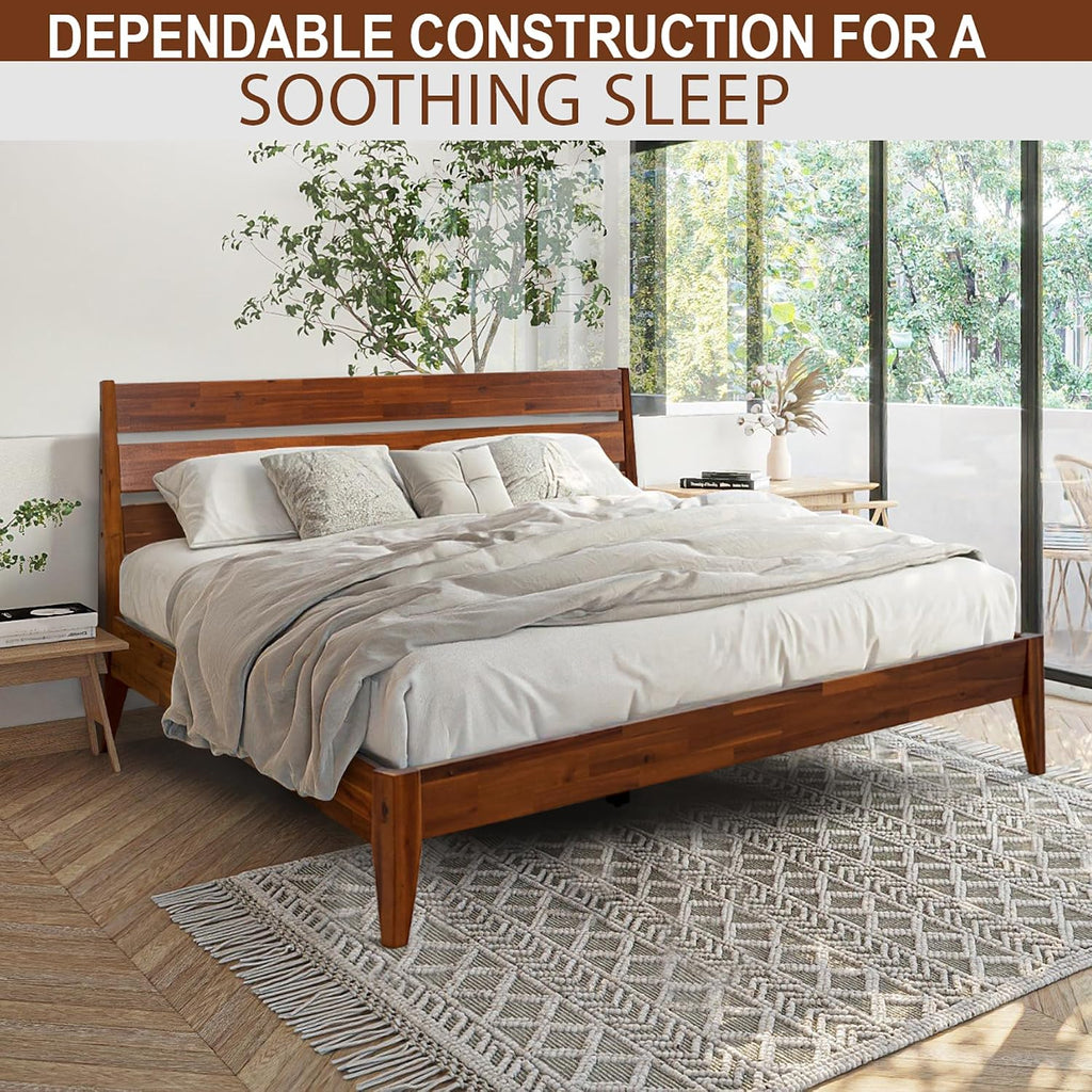 Acacia Emery Bed Frame with Headboard Solid Wood Platform Bed, King Size Bed Frame, Mid - Century Modern Wood Bed Compatible with All Mattresses, Easy Assembly, Non-Slip, Chocolate.