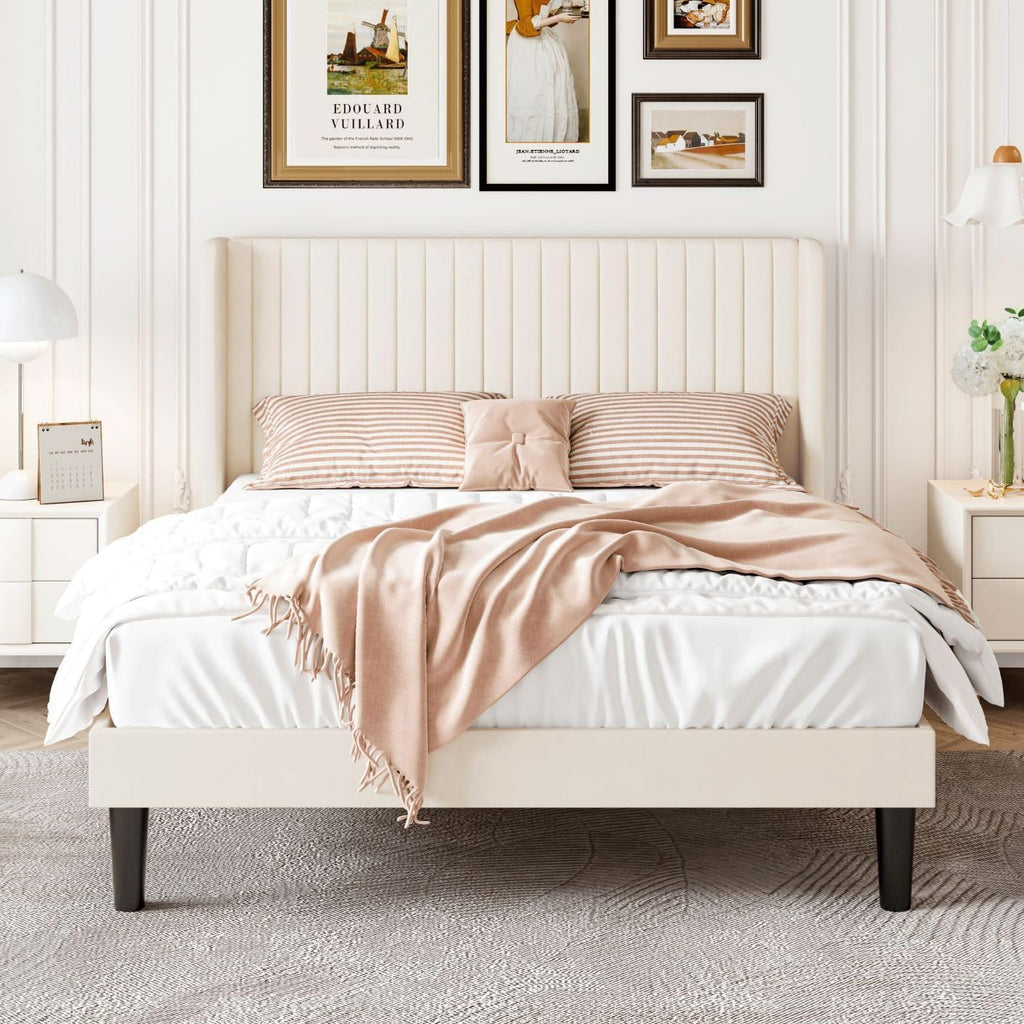 SHA CERLIN Queen Size Velvet Bed Frame with Vertical Channel Tufted Wingback Headboard, Upholstered Platform Bed with Wood Slats, No Box Spring Needed, Easy Assembly, Cream White
