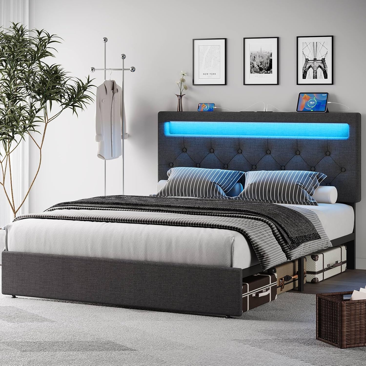 Rolanstar Queen Size Bed Frame with Charging Station, LED Bed with Under Bed Storage, Adjustable Headboard 38.9/40.8 Inches, No Box Spring Needed, Noise Free, Easy Assembly, Grey