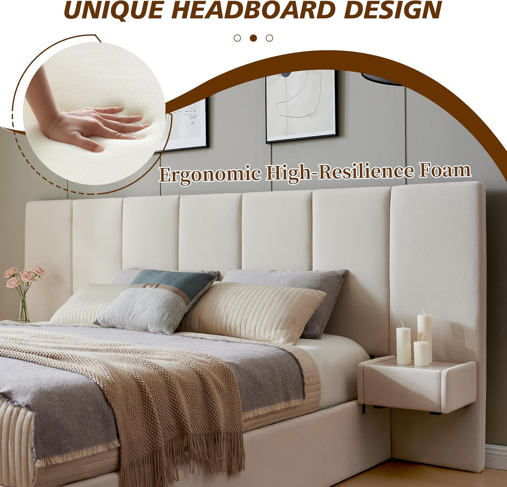 King Size Upholstered Platform Bed Frame with Lift-Up Storage, Velvet Headboard & Built-in Nightstands, No Box Spring Needed, Beige