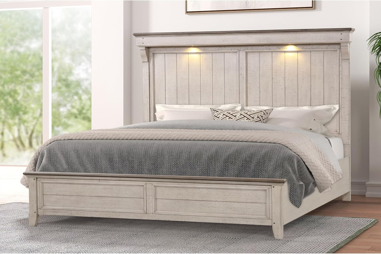 Roundhill Furniture Walcott 3-Piece Bedroom Set with Touch LED Lighting, Weathered Dusty-Taupe Finish, King
