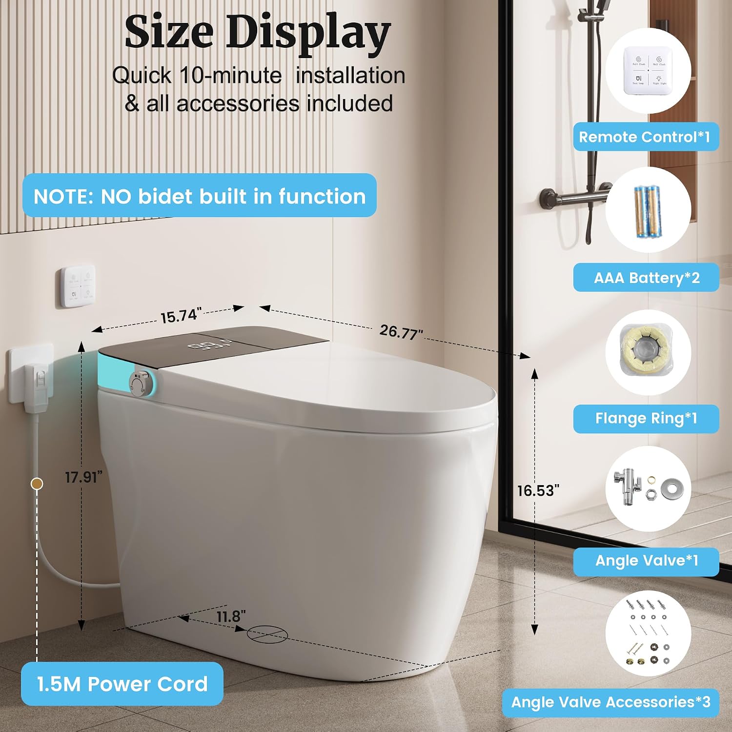 Smart Toilet with Elongated Heated Seat, Auto Flush, Manual Soft-Close Seat & Lid, Night Light, Tankless Electric Toilets for Bathroom with Siphon Dual Flush 0.8/1.2 GPF, MAP 1000g