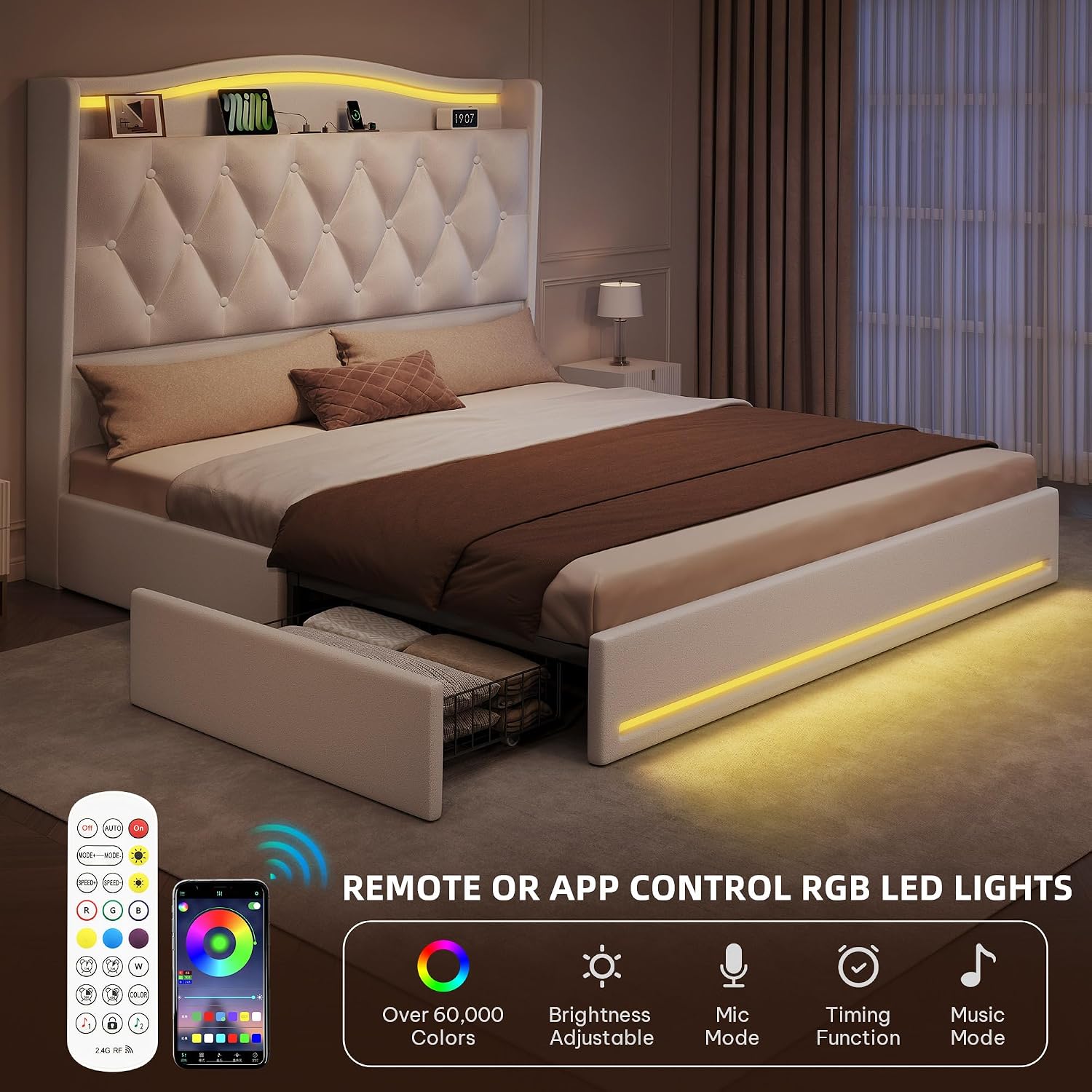 YITAHOME Queen Size Bed Frame with 4 Storage Drawers and RGB LED Lights, 57'' Tall Headboard Velvet Upholstered Bed with Charging Station, No Box Spring Needed, Easy Assembly, Noise-Free, White
