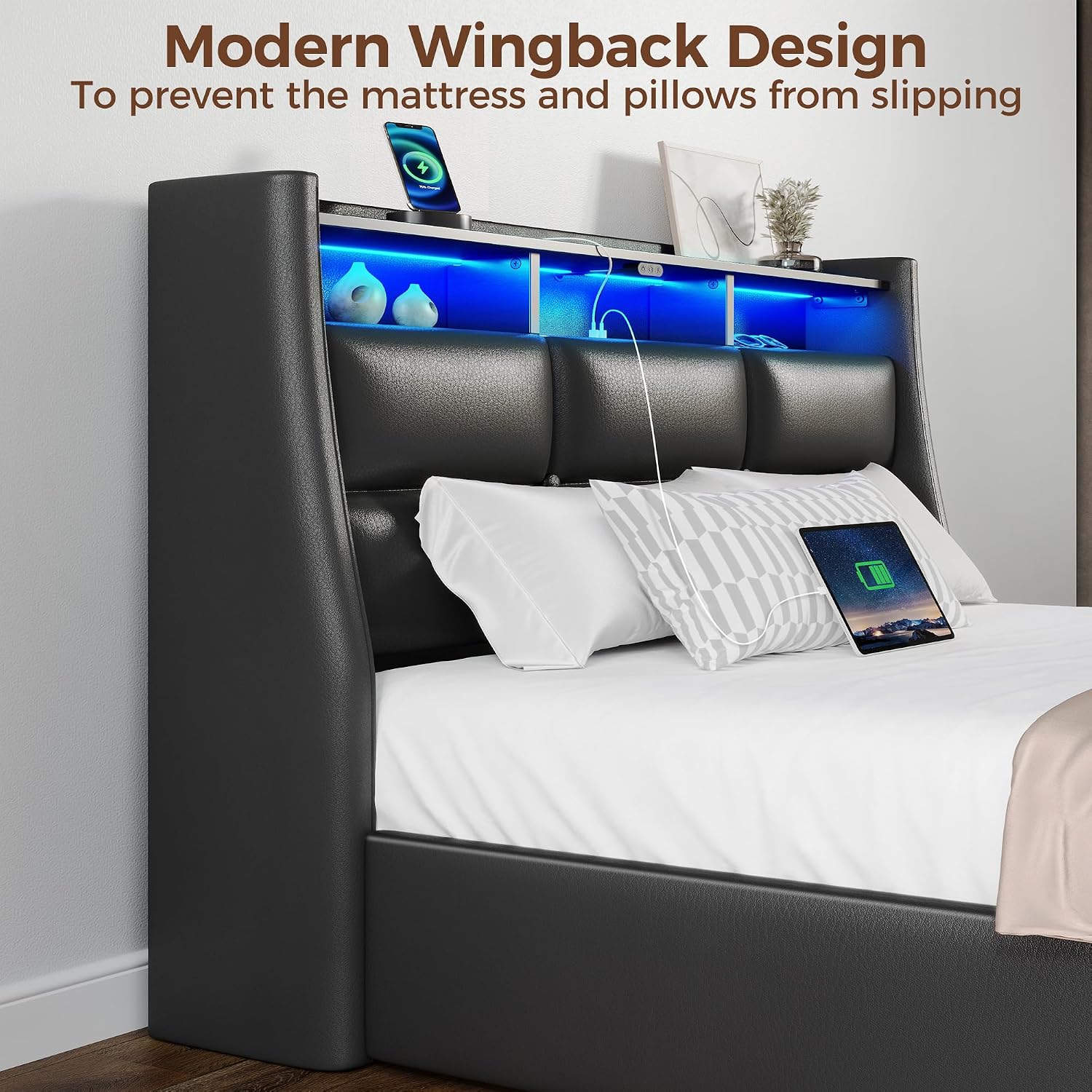 Rolanstar Twin Size Bed Frame with LED Lights and Charging Station, PU Leather Bed Storage Headboard & Drawers, Heavy Duty Wood Slats, Easy Assembly, Black