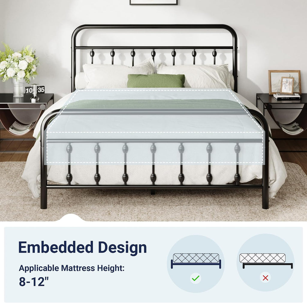 Allewie 14 Inches Full Size Metal Platform Bed Frame with Victorian Style Iron-Art Headboard/Footboard, Mattress Foundation, Easy Assembly, Under Bed Storage, No Box Spring Required, Black