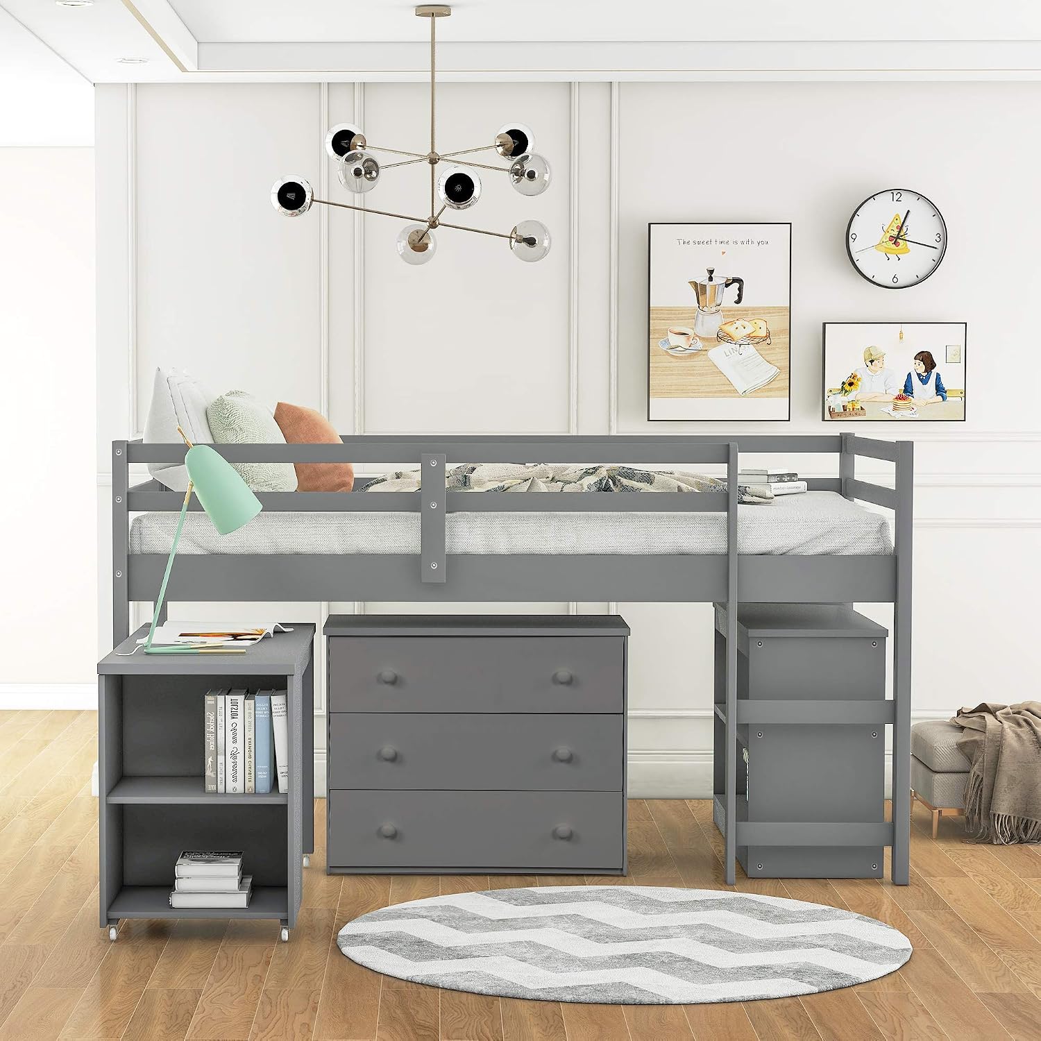 Harper & Bright Designs Twin Size Low Loft Bed with Desk and Storage Cabinet, Wooden Low Study Loft Bed with Drawers, for Kids Teens Girls Boys - Gray