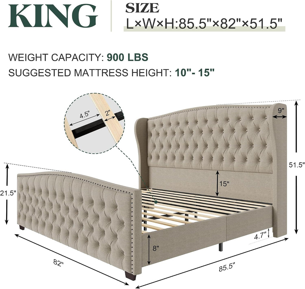 LUXOAK King Platform Bed Frame with Wingback Headboard, Velvet Upholstered Bed Frame with Handmade Button Tufted & Nailhead, Wooden Slats Support, Beige