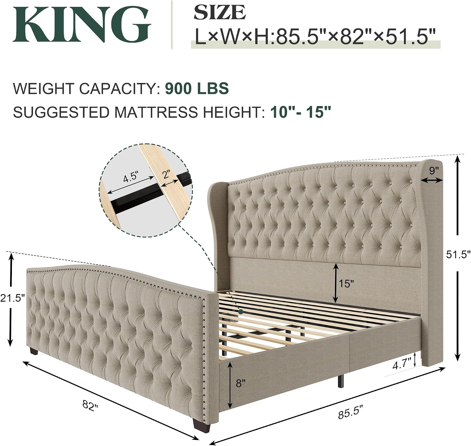 LUXOAK King Platform Bed Frame with Wingback Headboard, Velvet Upholstered Bed Frame with Handmade Button Tufted & Nailhead, Wooden Slats Support, Beige