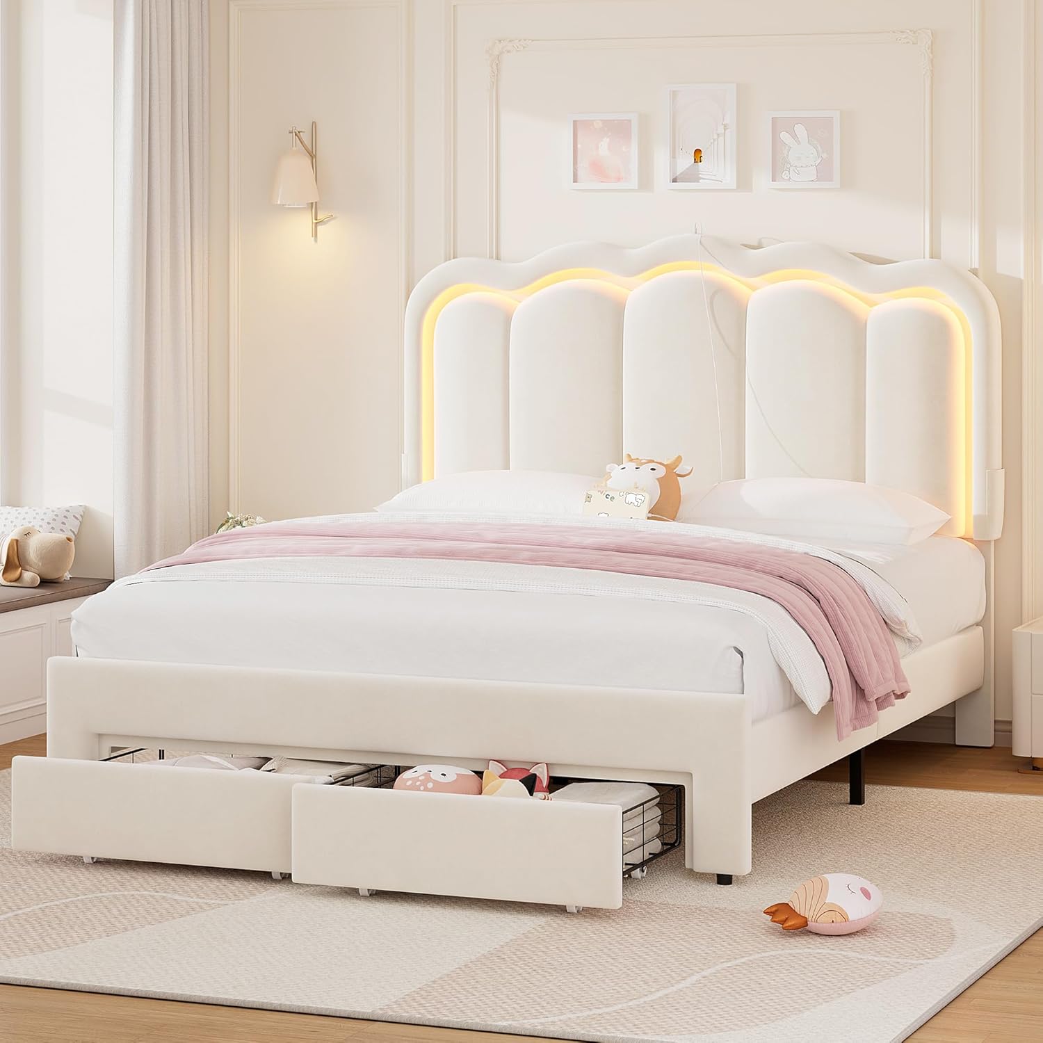 Velvet Upholstered Full LED Bed Frame with 2 Storage Drawers and Adjustable Chic Double Wavy Headboard, Princess Platform Bed with Charing Station, Solid Wood Slats Support,No Box Spring Needed,Beige