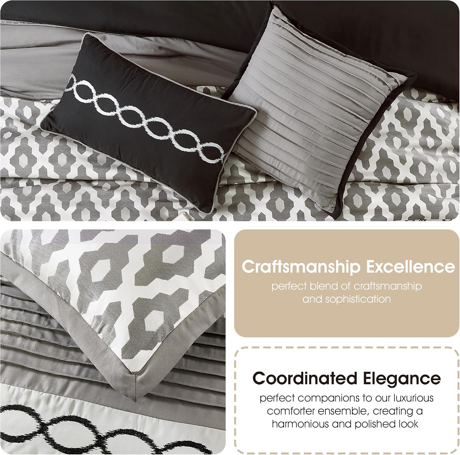 Stratford Park Geometirc King Black Comforter Set, 10 Piece, Jacquard Bedding Comforters & Sets, Bedskirt, Pillows & Shams, Ultra-Soft