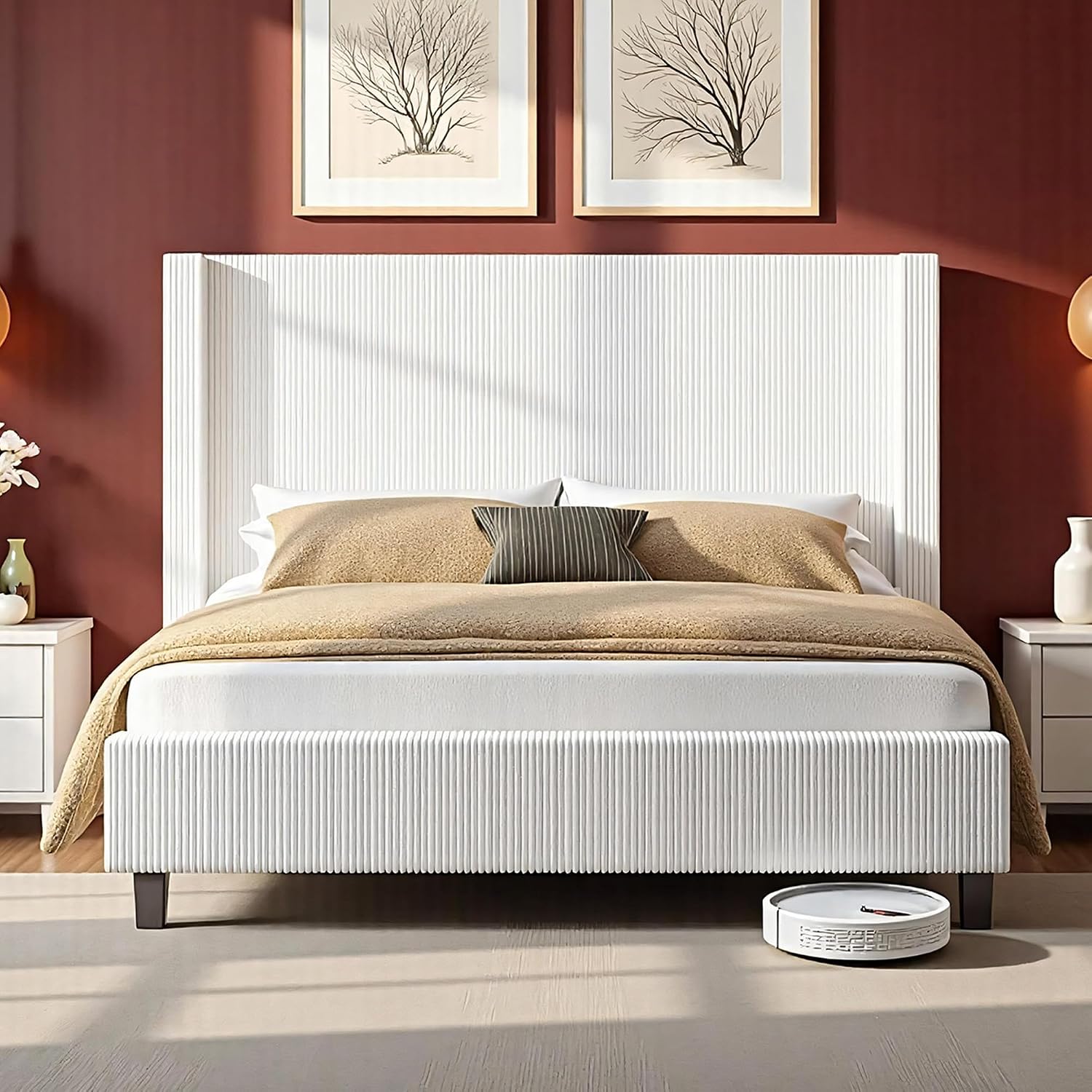 VanAcc Queen Size Platform Bed Frame, 50.8' Corduroy Upholstered Bed with Vertical Channel Tufted Headboard/Wooden Slats/Wingback/No Box Spring Required/White