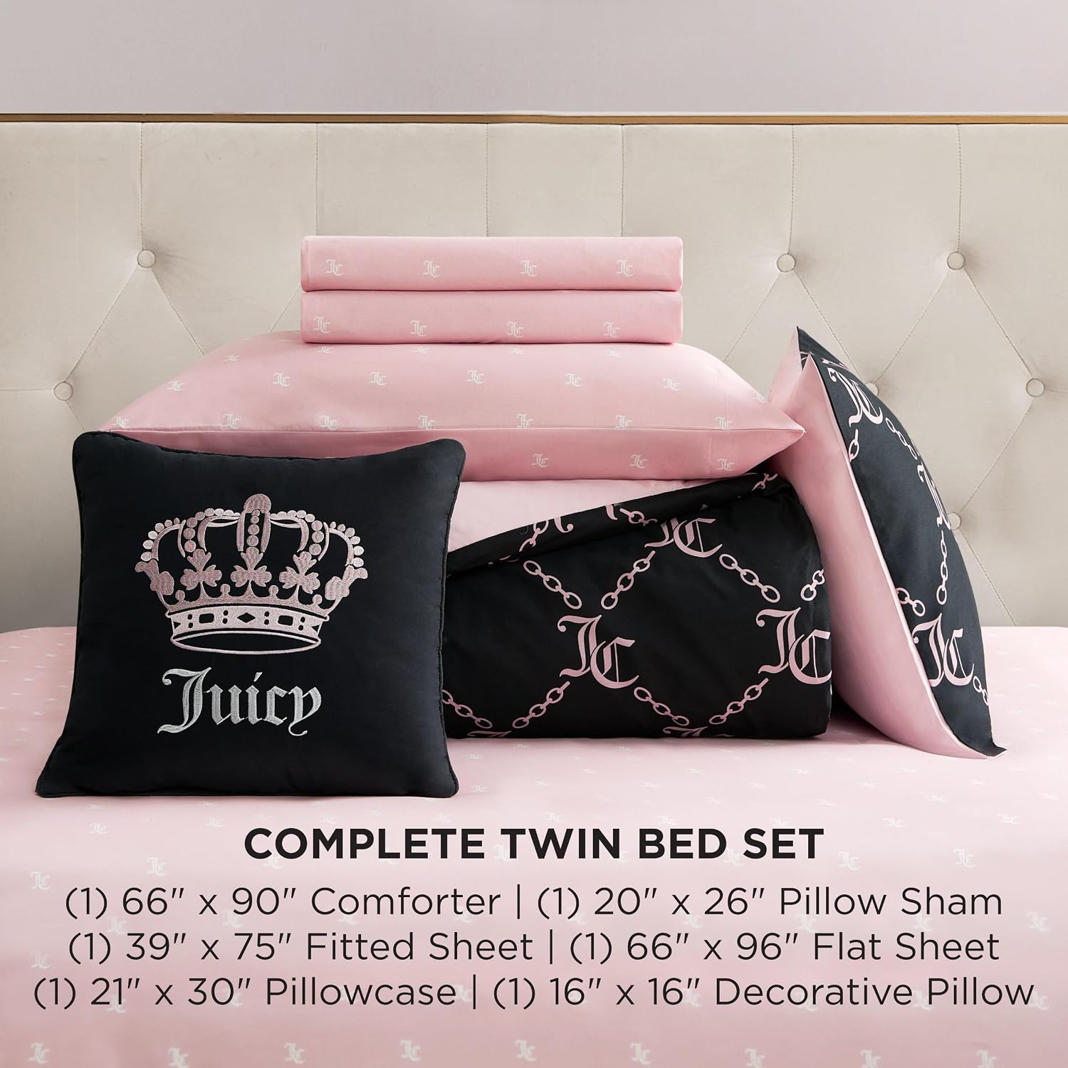 Juicy Couture Black Link Logo Printed Comforter Set, Twin – Complete 6-Piece Bed in a Bag Collection