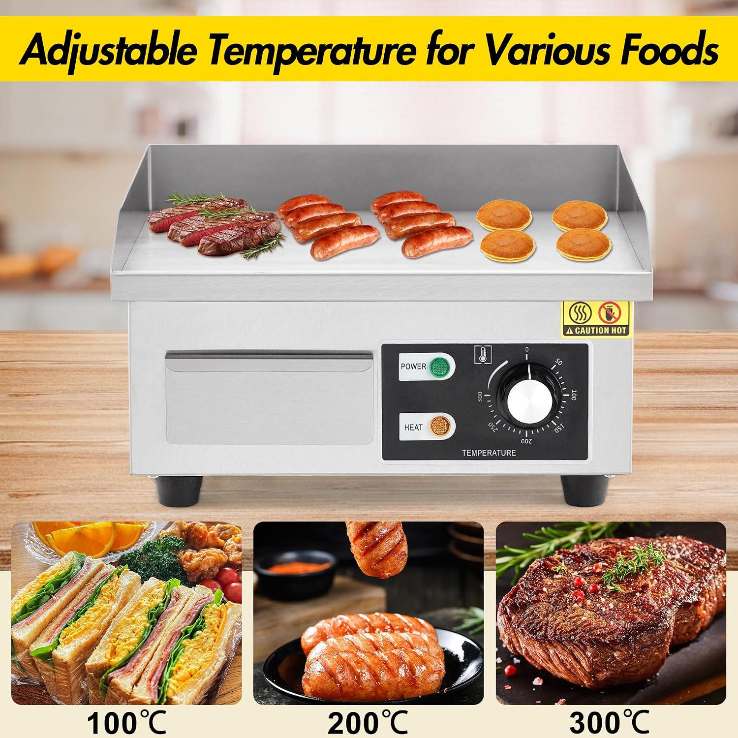 14' Stainless Steel Electric Griddle, 1500W Countertop Griddle with Non-Stick Adjustable Temperature Control 122°F-572°F, Electric Grill Perfect for Indoor Cooking, Camping