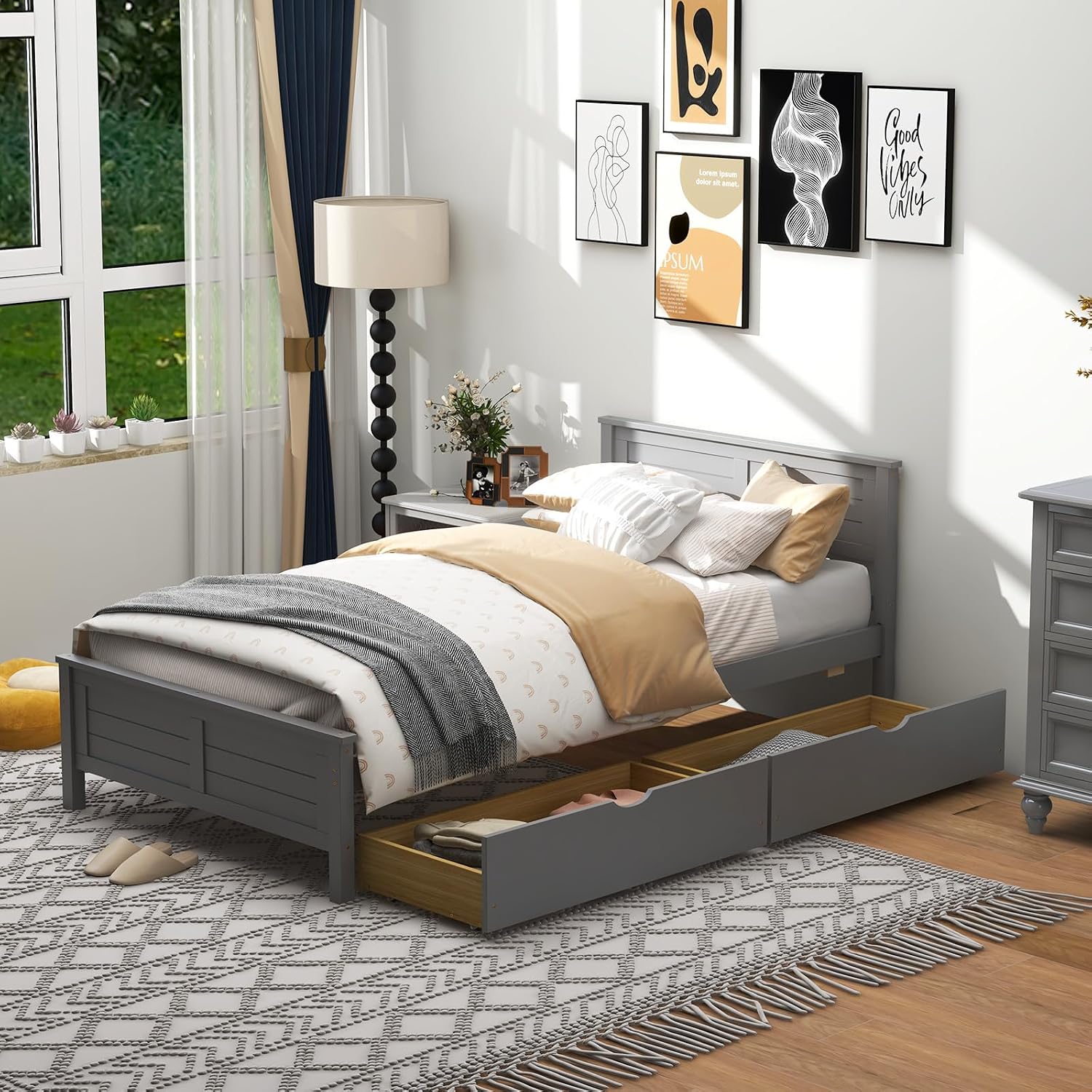 GOFLAME Twin Size Bed Frame with 2 Drawers, Platform Bed with Solid Wood Headboard & Footboard, Wood Slats Support Mattress Foundation, Under Bed Storage, No Box Spring Needed, Easy Assembly, Grey